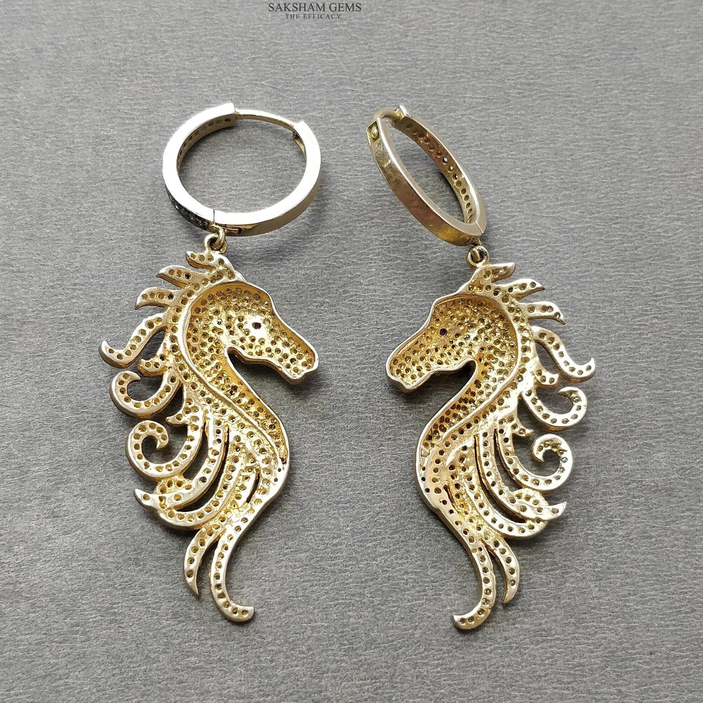 DIAMOND & RUBY Gemstone Earring : 14.00gms Natural Drop Dangle 925 Sterling Silver And Gold Hoop Wire Lock Pave Set Horse Face Earring 2.5"