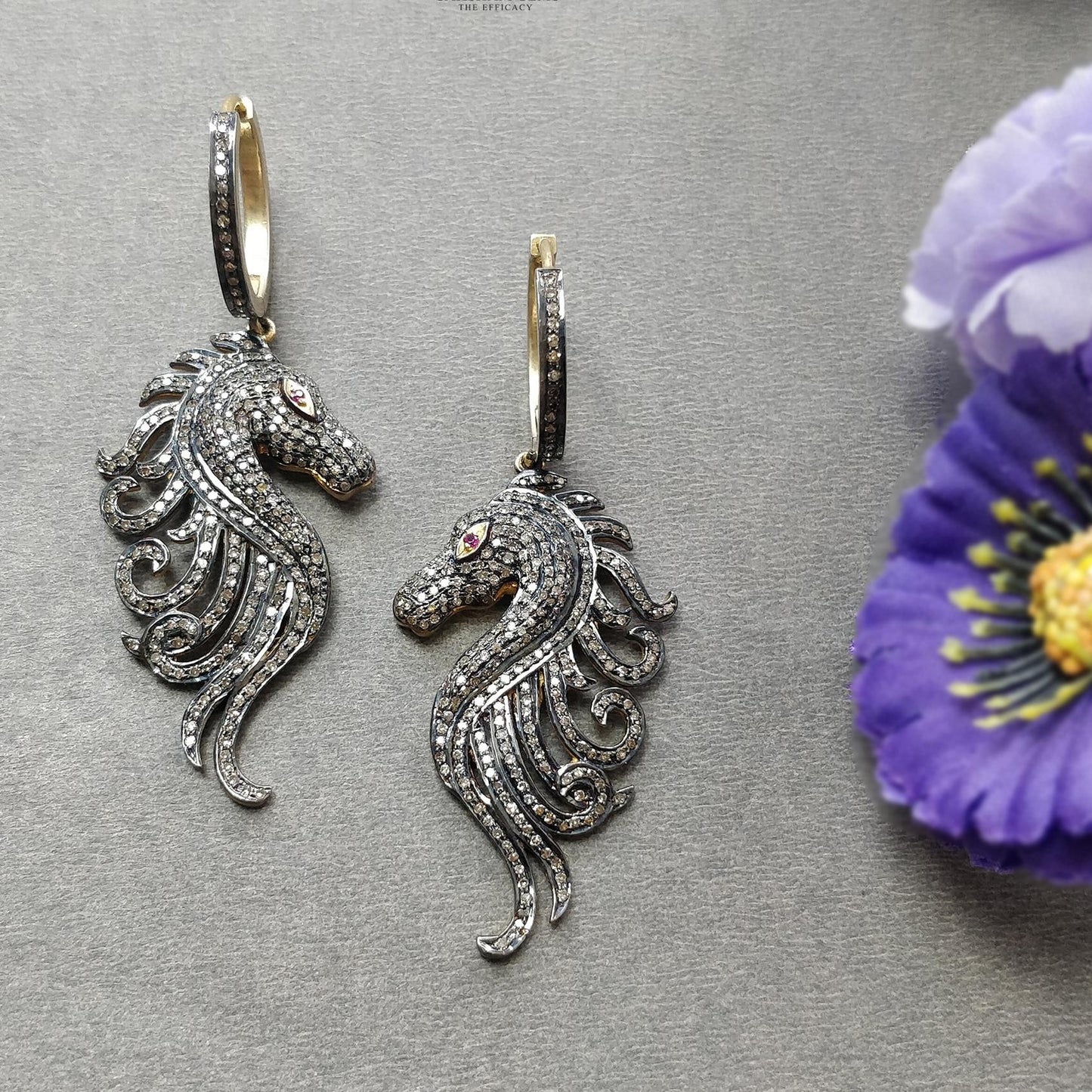 DIAMOND & RUBY Gemstone Earring : 14.00gms Natural Drop Dangle 925 Sterling Silver And Gold Hoop Wire Lock Pave Set Horse Face Earring 2.5"