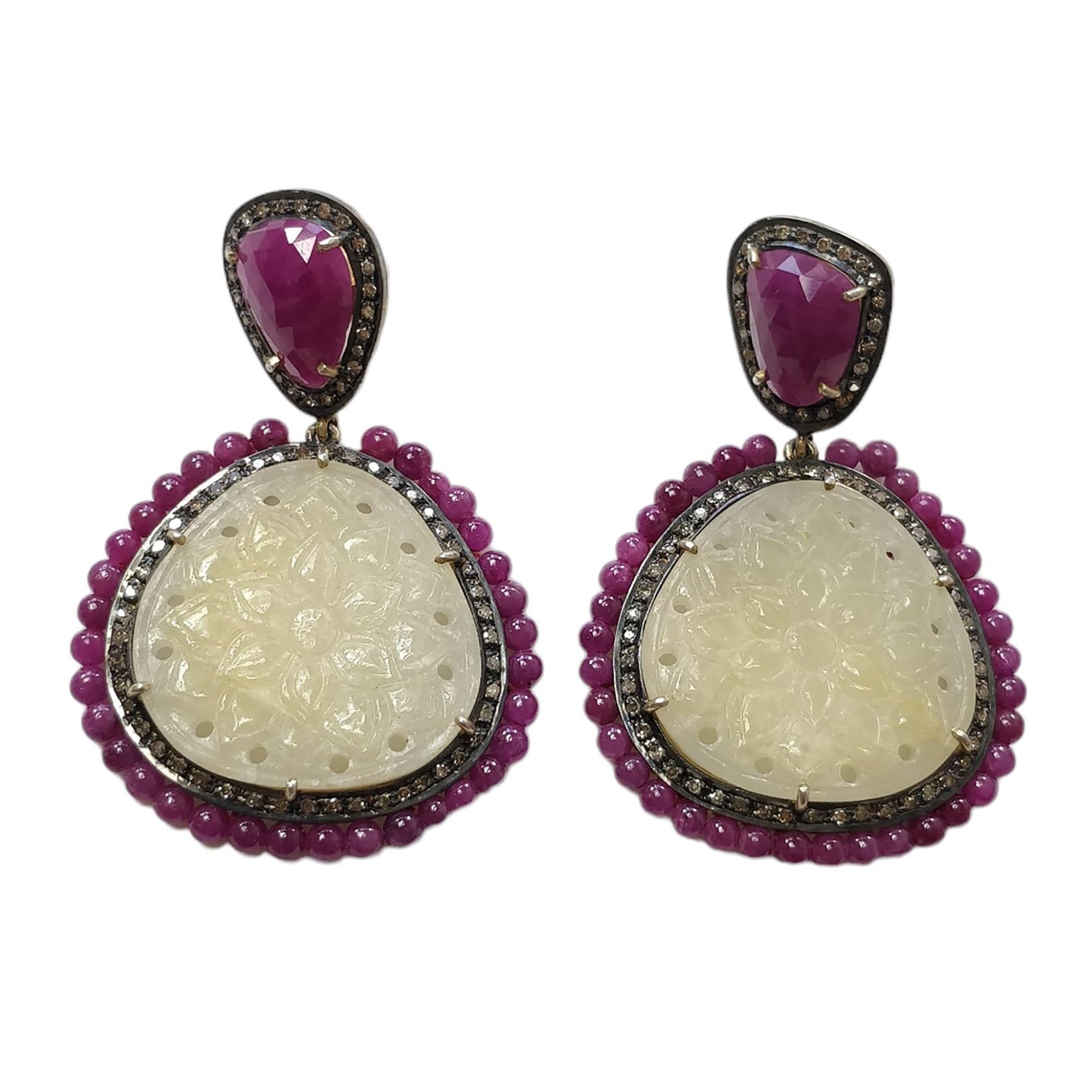 Ruby Yellow Sapphire & DIAMOND Gemstone Earring : 21.61gms 925 Sterling Silver Natural Drop Dangle Push Back Prong Set Earring 2.2"