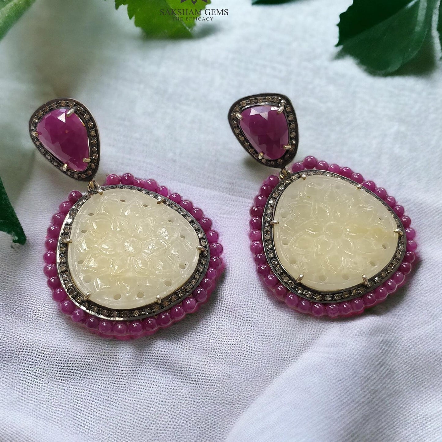 Ruby Yellow Sapphire & DIAMOND Gemstone Earring : 21.61gms 925 Sterling Silver Natural Drop Dangle Push Back Prong Set Earring 2.2"