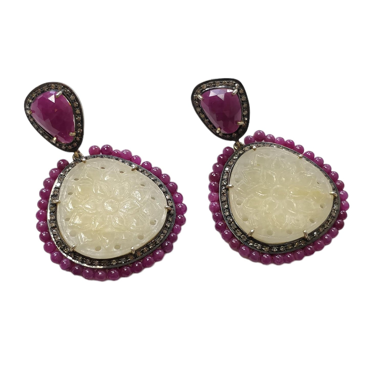 Ruby Yellow Sapphire & DIAMOND Gemstone Earring : 21.61gms 925 Sterling Silver Natural Drop Dangle Push Back Prong Set Earring 2.2"