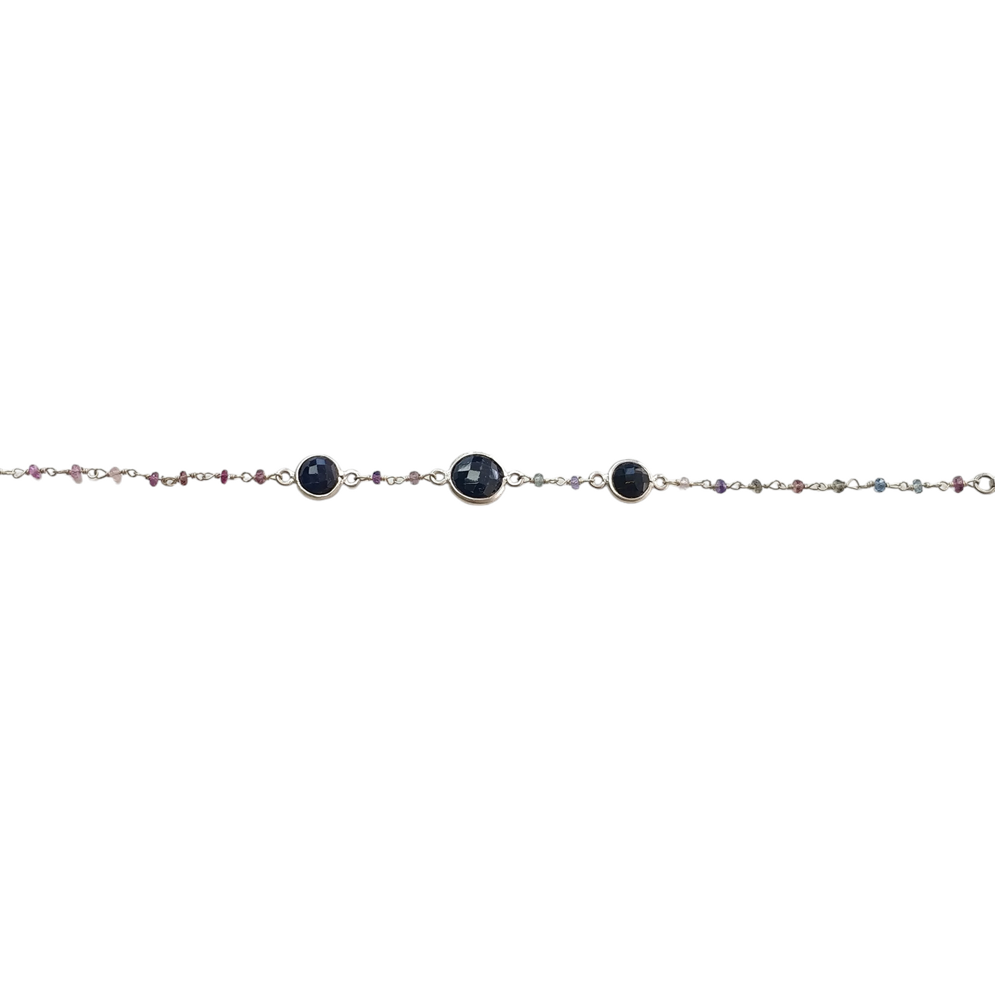 925 Sterling Silver Bracelet : 3.84gms Natural Blue Sapphire Gemstone Round Checker Cut Briolette Bezel Set Chain Bracelet 7.5"