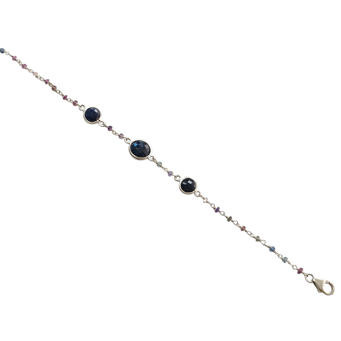 925 Sterling Silver Bracelet : 3.84gms Natural Blue Sapphire Gemstone Round Checker Cut Briolette Bezel Set Chain Bracelet 7.5"