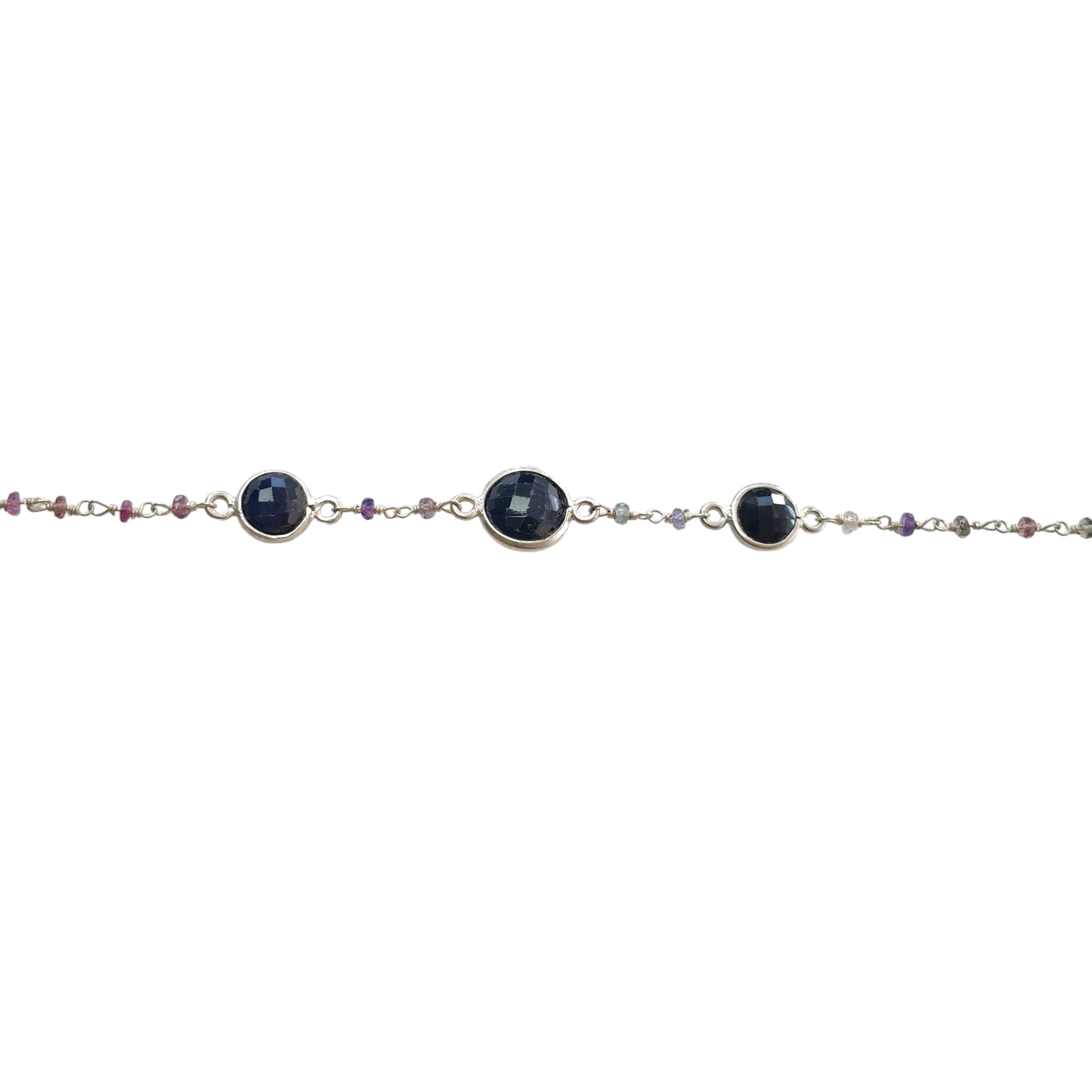 925 Sterling Silver Bracelet : 3.84gms Natural Blue Sapphire Gemstone Round Checker Cut Briolette Bezel Set Chain Bracelet 7.5"