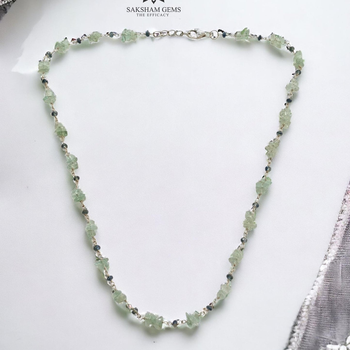 925 Sterling Silver Green Emerald And Blue Sapphire Gemstones Uncut Beads Chain NECKLACE 7.70gms Natural Beaded Necklace 16"