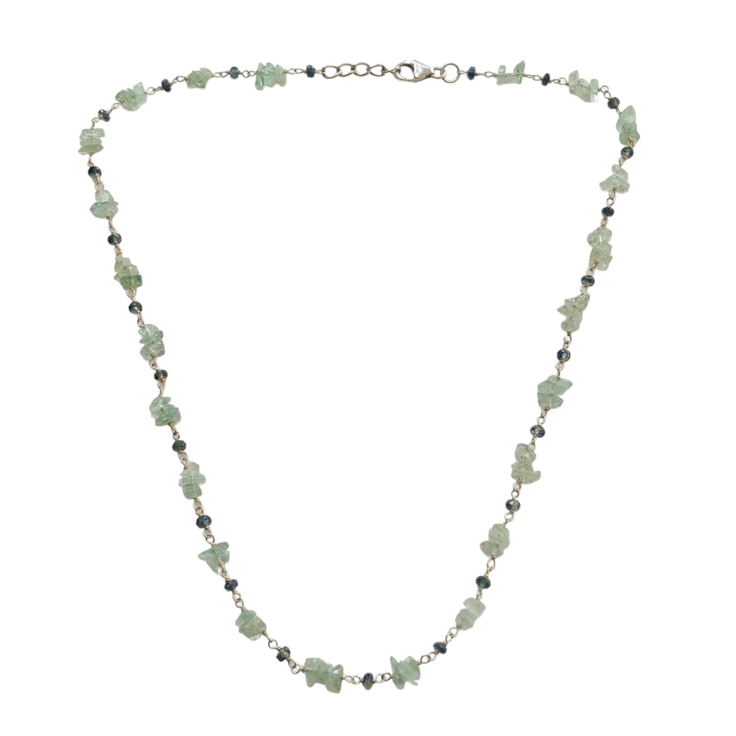 925 Sterling Silver Green Emerald And Blue Sapphire Gemstones Uncut Beads Chain NECKLACE 7.70gms Natural Beaded Necklace 16"