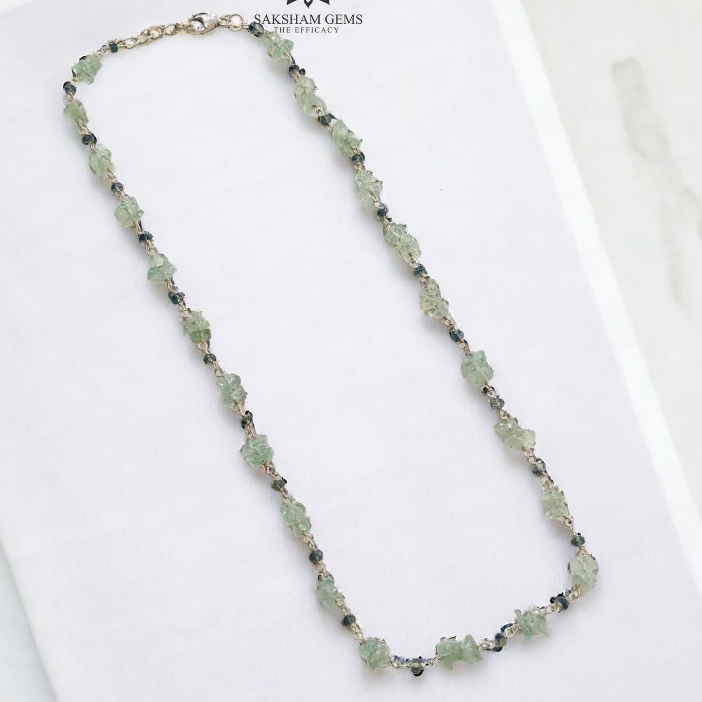 925 Sterling Silver Green Emerald And Blue Sapphire Gemstones Uncut Beads Chain NECKLACE 7.70gms Natural Beaded Necklace 16"
