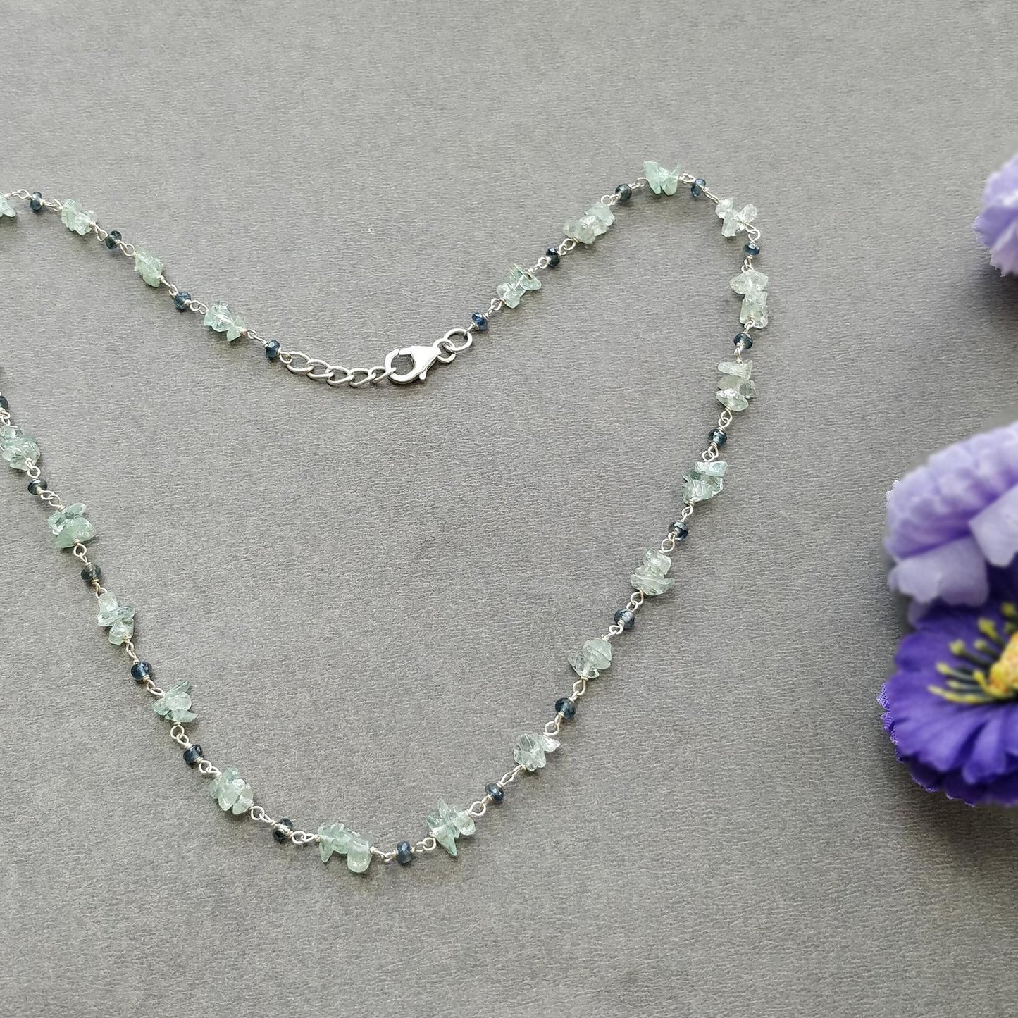925 Sterling Silver Green Emerald And Blue Sapphire Gemstones Uncut Beads Chain NECKLACE 7.70gms Natural Beaded Necklace 16"