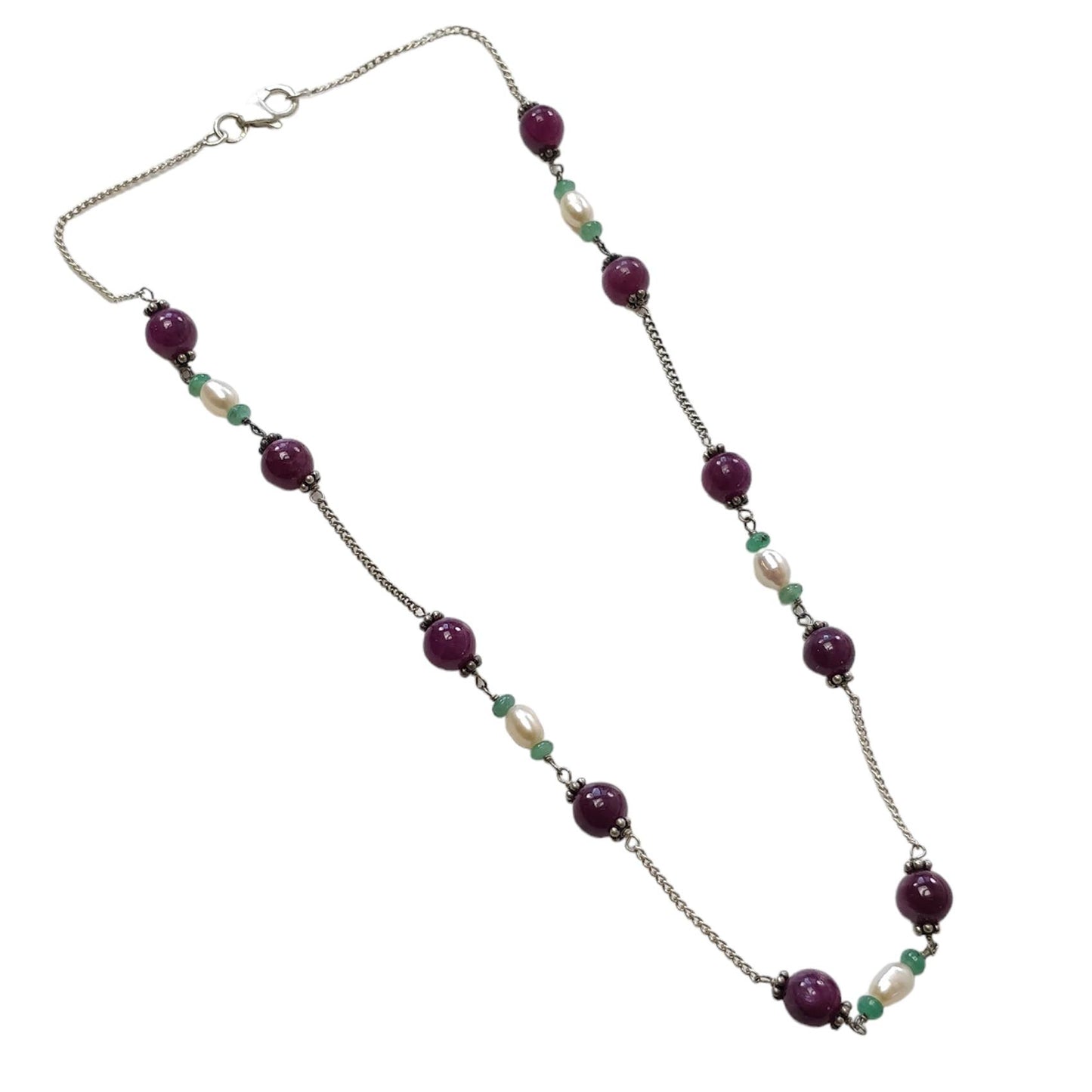 RUBY Gemstone Beaded NECKLACE : 11.19gms Natural Untreated Plain Round Shape Ruby & Pearl With 925 Sterling Silver 16"