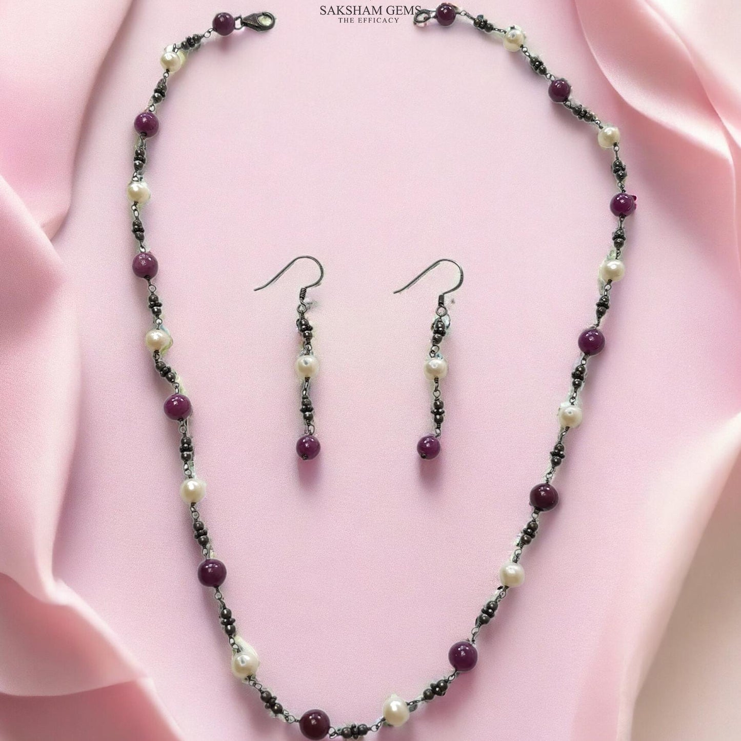Ruby & Pearl Gemstone With 925 Sterling Silver Jewelry: 20.40gms Natural Untreated Plain Round Beaded Victorian Earring Necklace Earring Set