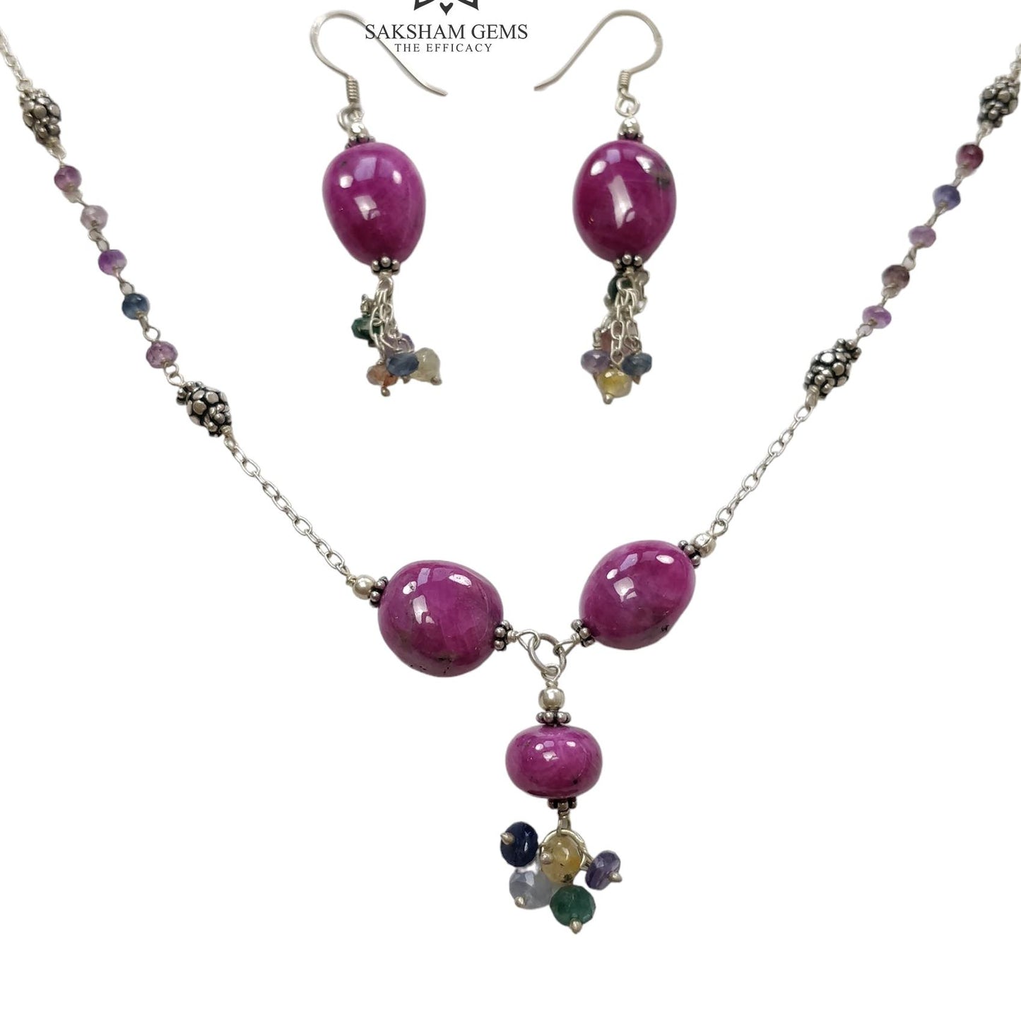 Ruby & Emerald Sapphire Beads Necklace And Earring : 30.43gms 925 Silver Natural Ruby Untreated Plain Beaded Earrings Necklace Set