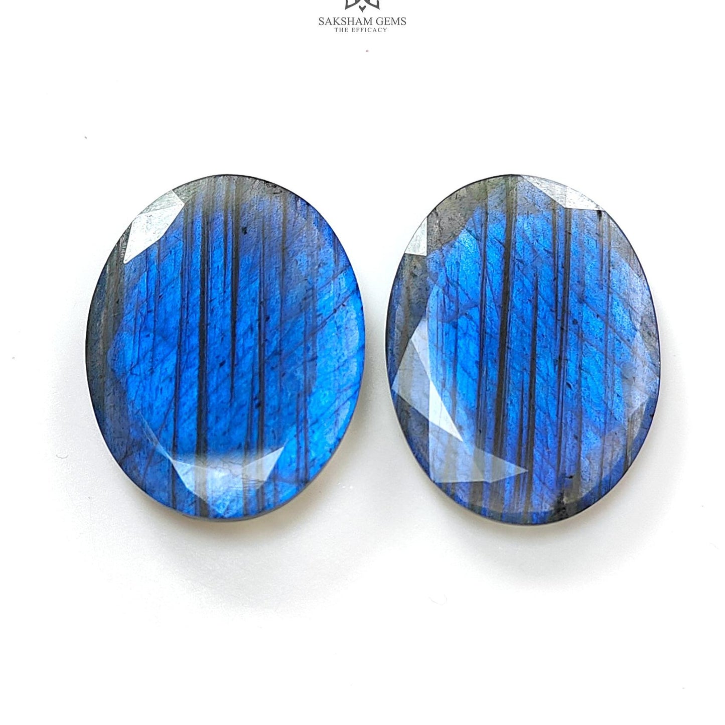 Labradorite Gemstone Oval Faceted Cut : 67.00cts Natural Untreated Blue Labradorite Oval Shape pair For Jewelry 34*25mm