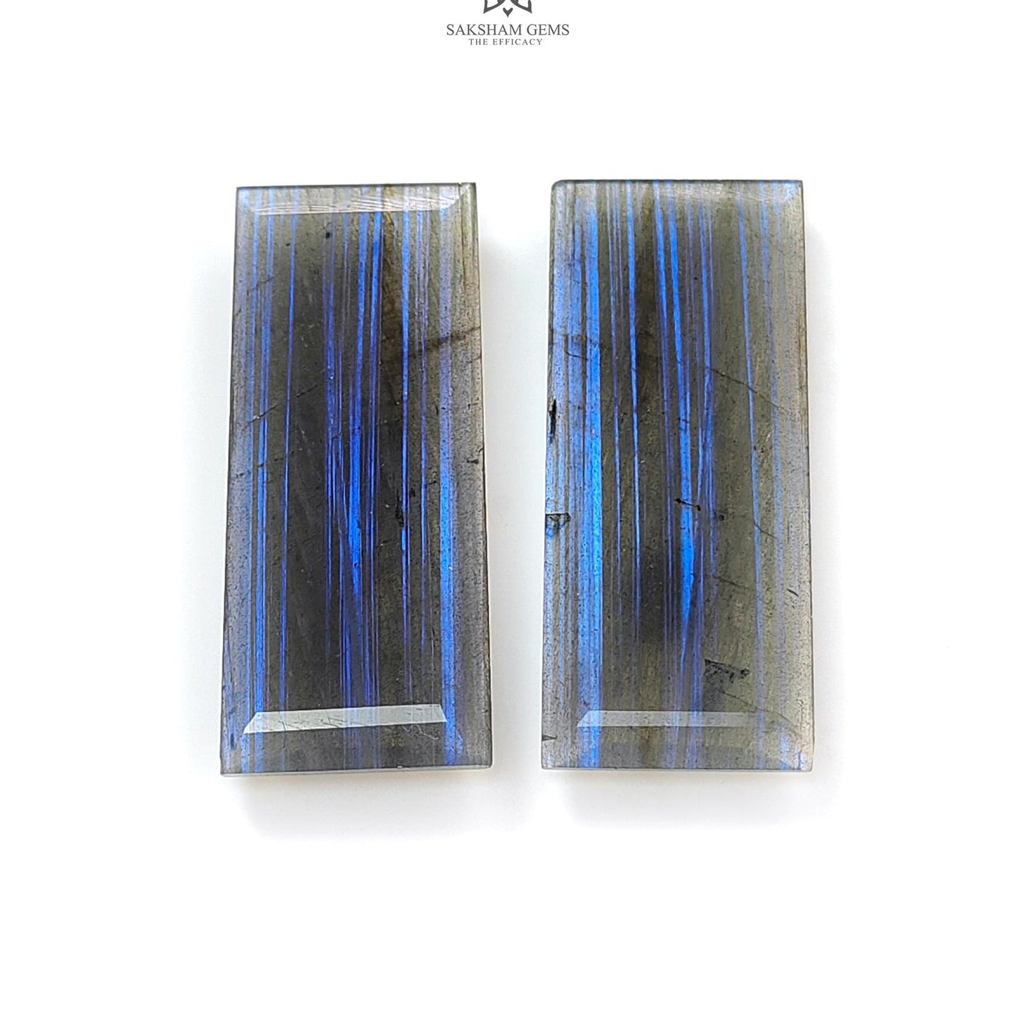 Labradorite Cabochon Fancy Cut: 61.50cts Natural Untreated Unheated Blue Labradorite Baguette Shape 41*17mm Pair For Jewelry