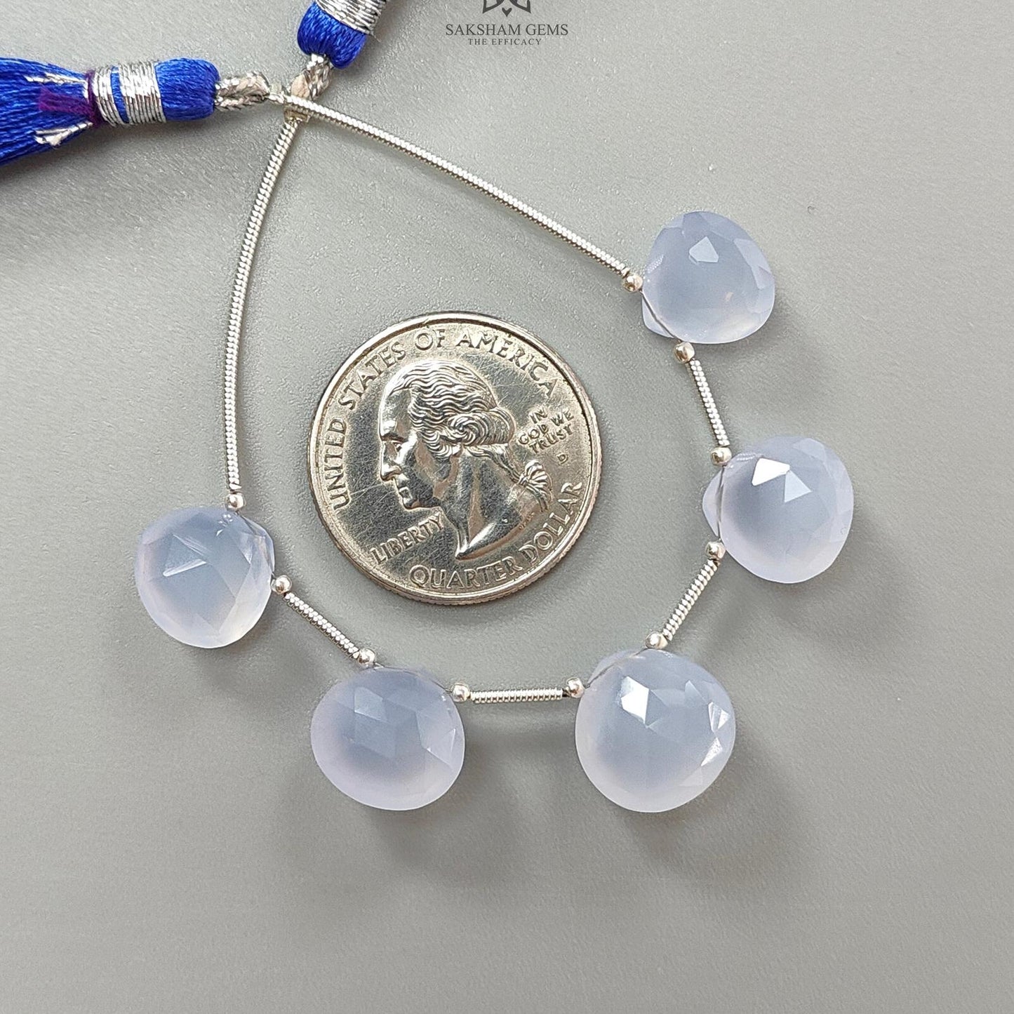 Blue Chalcedony Faceted Loose Beads: 32.00cts Natural Untreated Chalcedony Gemstone 925 Silver Heart Checker Cut Briolette 11mm - 13mm