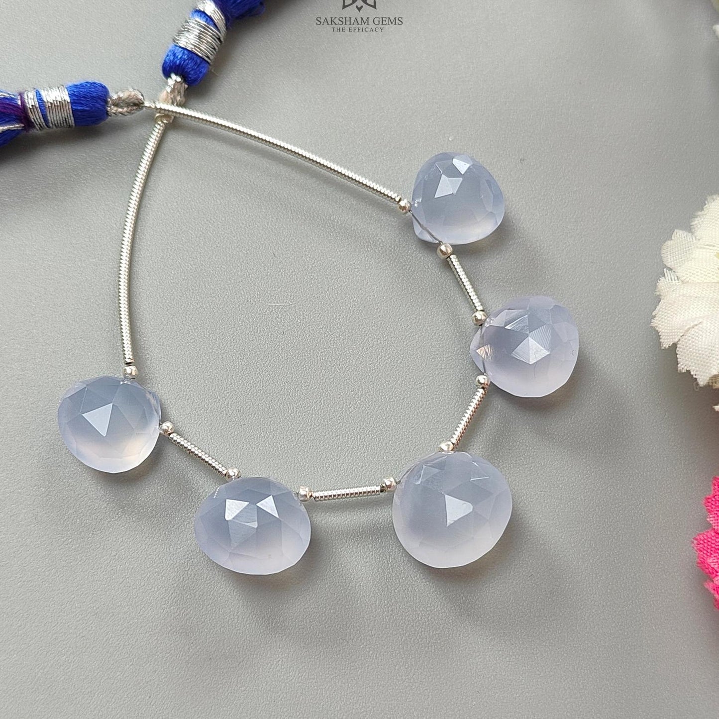 Blue Chalcedony Faceted Loose Beads: 32.00cts Natural Untreated Chalcedony Gemstone 925 Silver Heart Checker Cut Briolette 11mm - 13mm