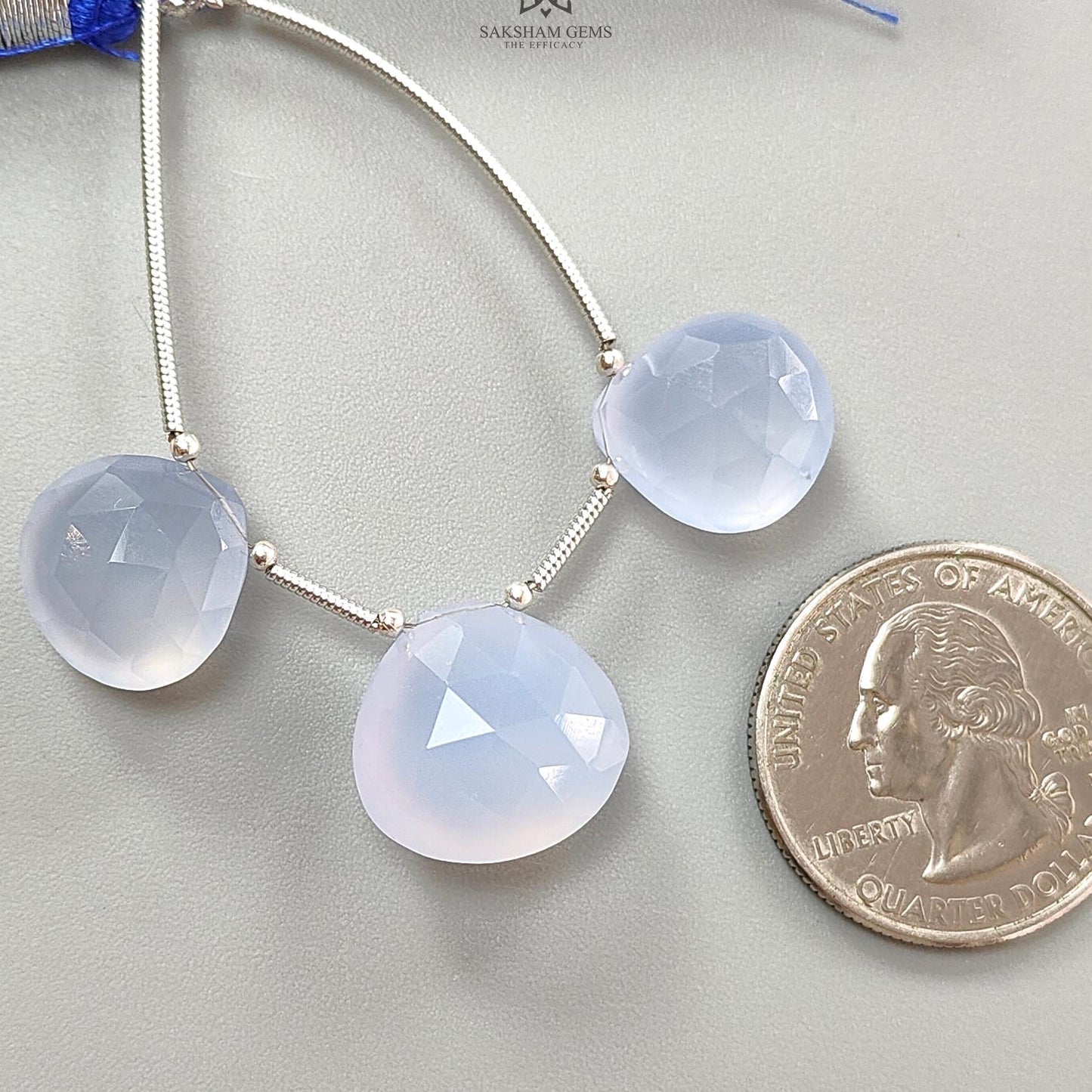 Blue Chalcedony Faceted Loose Beads: 33.80cts Natural Untreated Chalcedony Gemstone 925 Silver Heart Checker Cut Briolette 10mm - 14mm