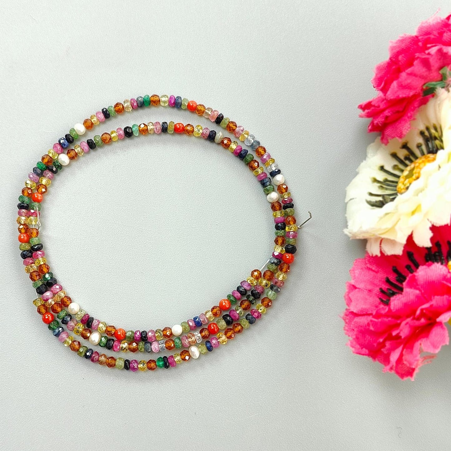 Natural Untreated Precious Gemstone NAVRATNA Multi Sapphire Round Pearl Coral Hessonite Emerald Ruby 40.10cts, 3mm 18" Faceted Loose Beads
