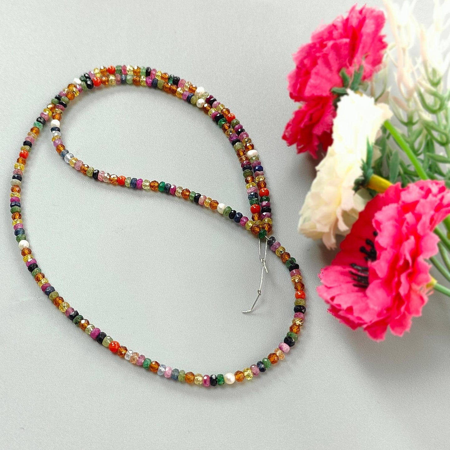 Natural Untreated Precious Gemstone NAVRATNA Multi Sapphire Round Pearl Coral Hessonite Emerald Ruby 40.10cts, 3mm 18" Faceted Loose Beads
