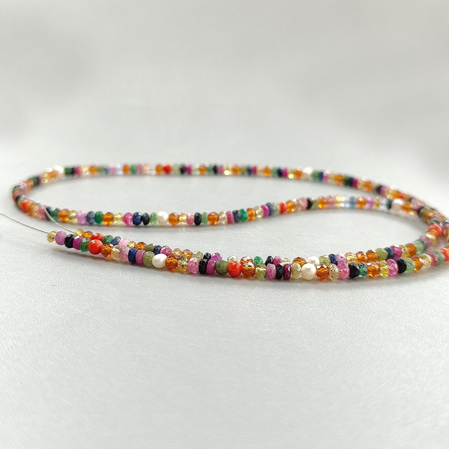 Natural Untreated Precious Gemstone NAVRATNA Multi Sapphire Round Pearl Coral Hessonite Emerald Ruby 40.10cts, 3mm 18" Faceted Loose Beads