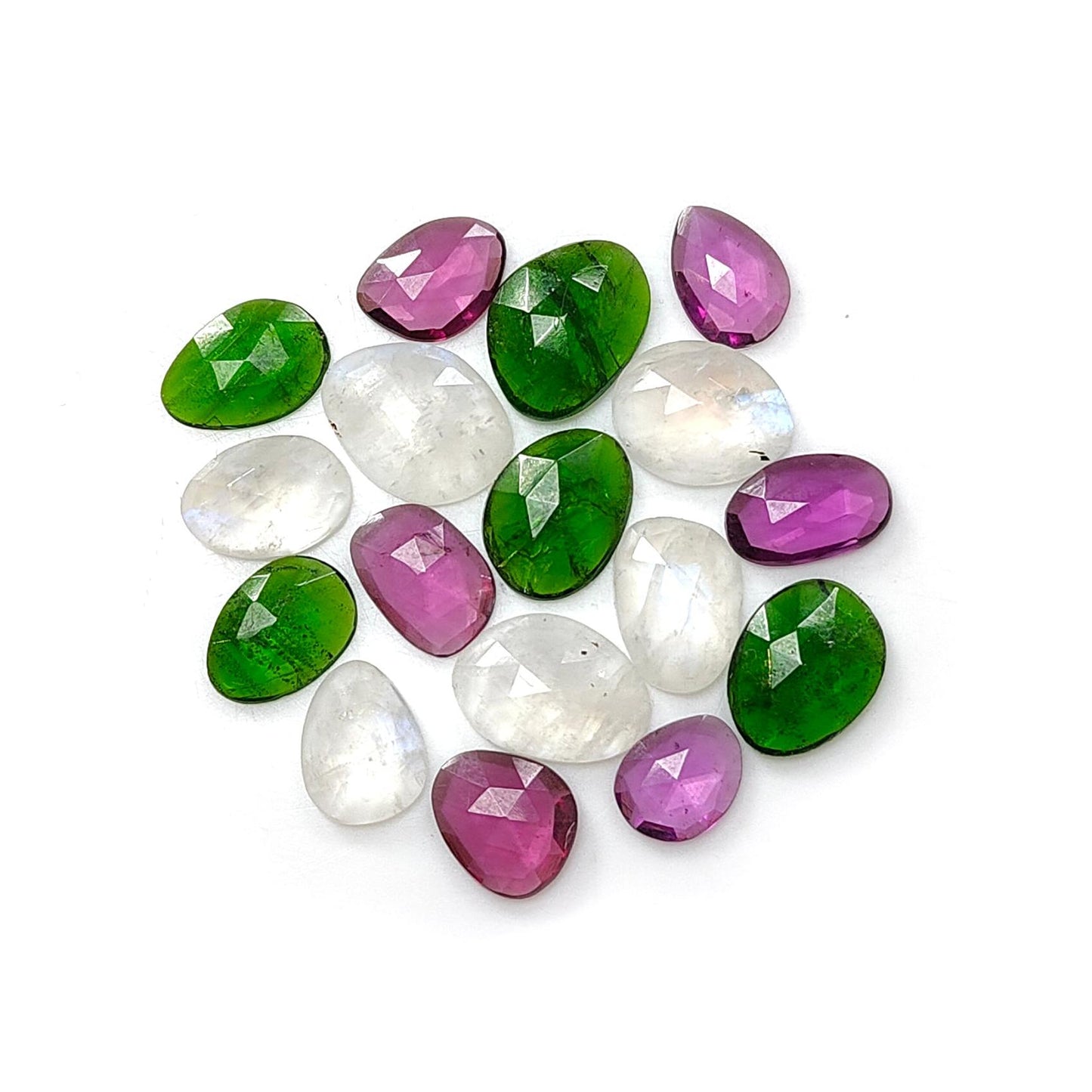 Garnet, Chrome Diopside, Moonstone, Tanzanite, Morganite & Aquamarine Rose Cut Slices: Natural Untreated Gemstones Fancy Shape Faceted Lots