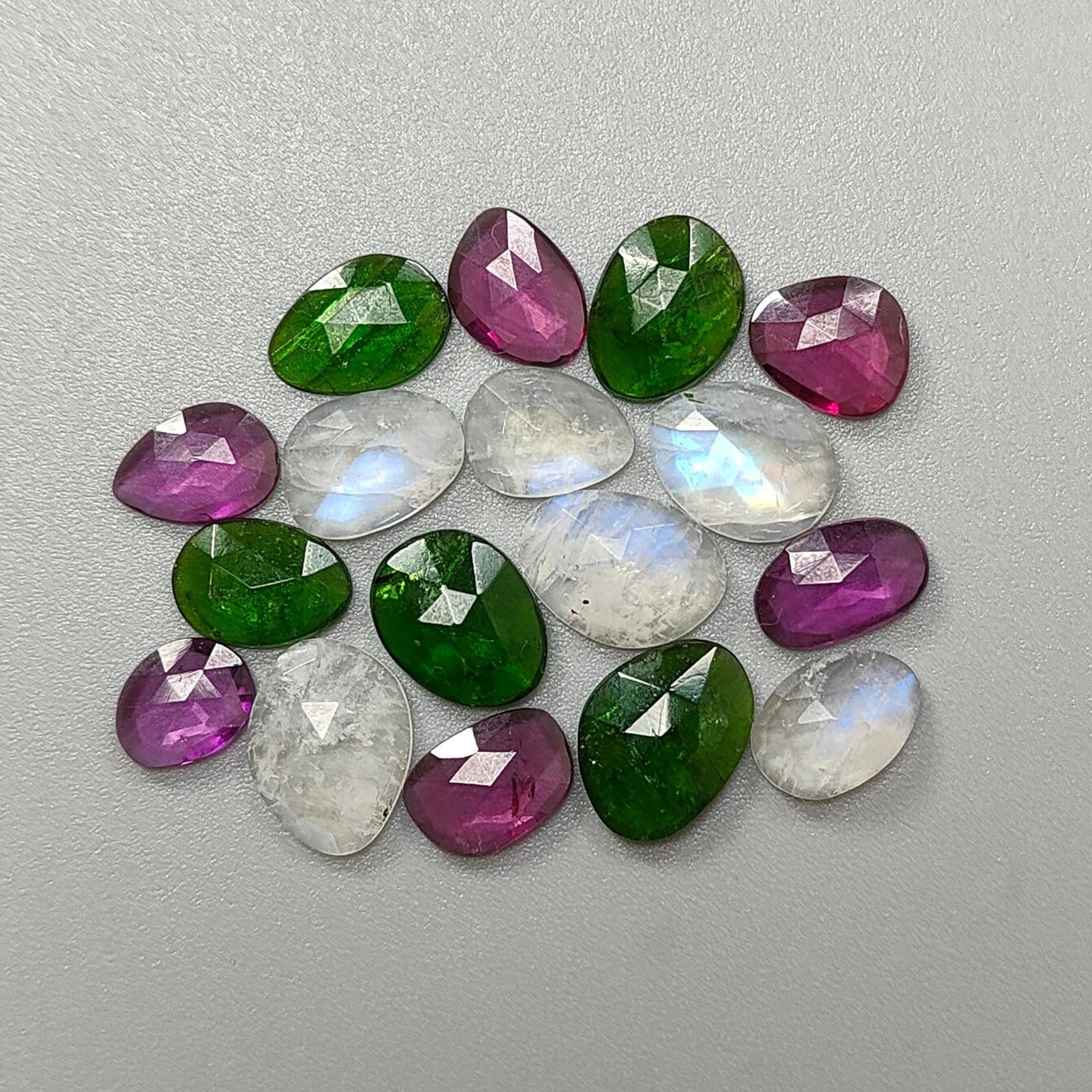 Garnet, Chrome Diopside, Moonstone, Tanzanite, Morganite & Aquamarine Rose Cut Slices: Natural Untreated Gemstones Fancy Shape Faceted Lots