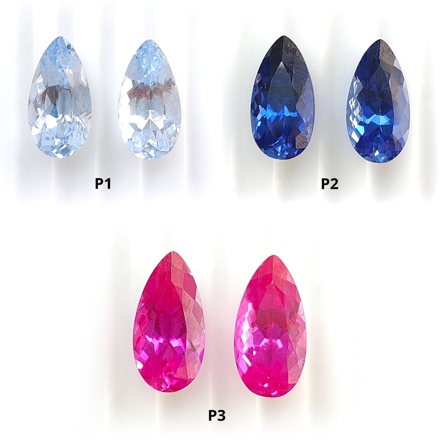 Synthetic Multi Color Gemstones Faceted Cut: Manmade Aquamarine, Sapphire & Morganite Pear Shape 16*8mm Pair for Jewelry
