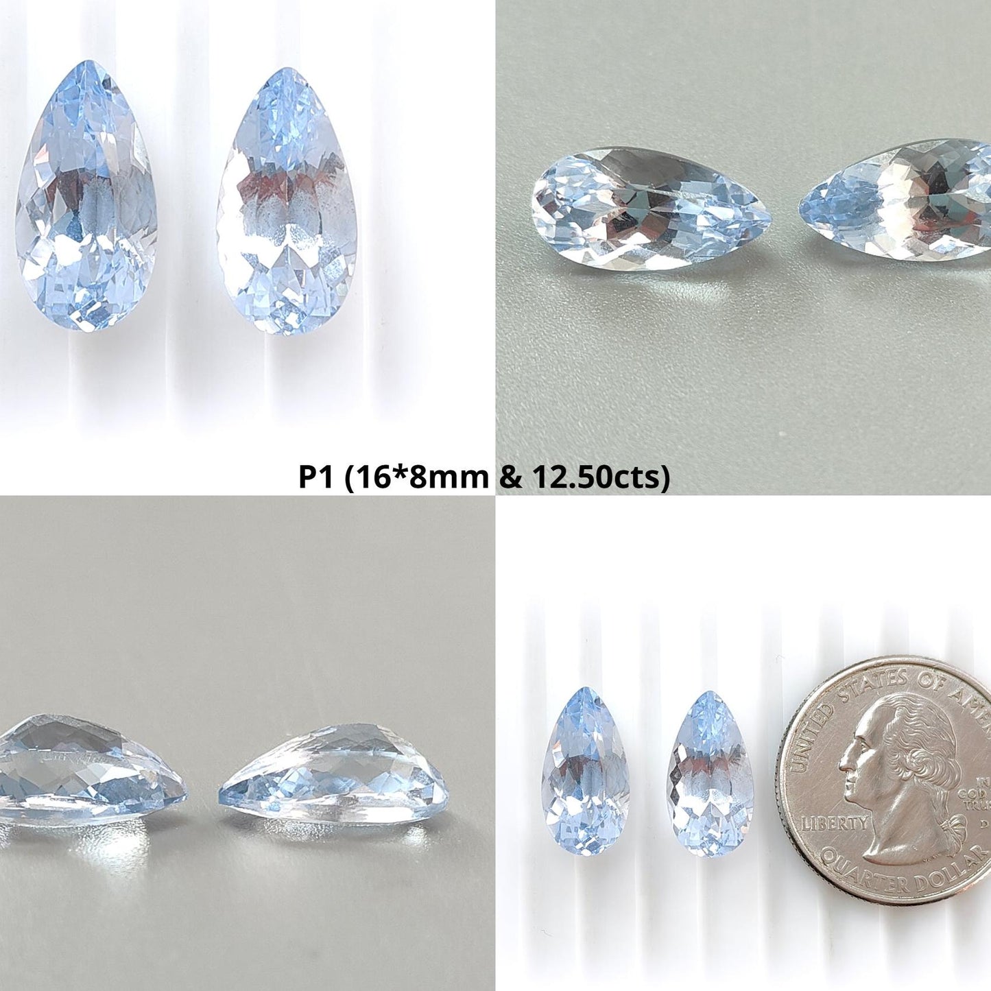 Synthetic Multi Color Gemstones Faceted Cut: Manmade Aquamarine, Sapphire & Morganite Pear Shape 16*8mm Pair for Jewelry