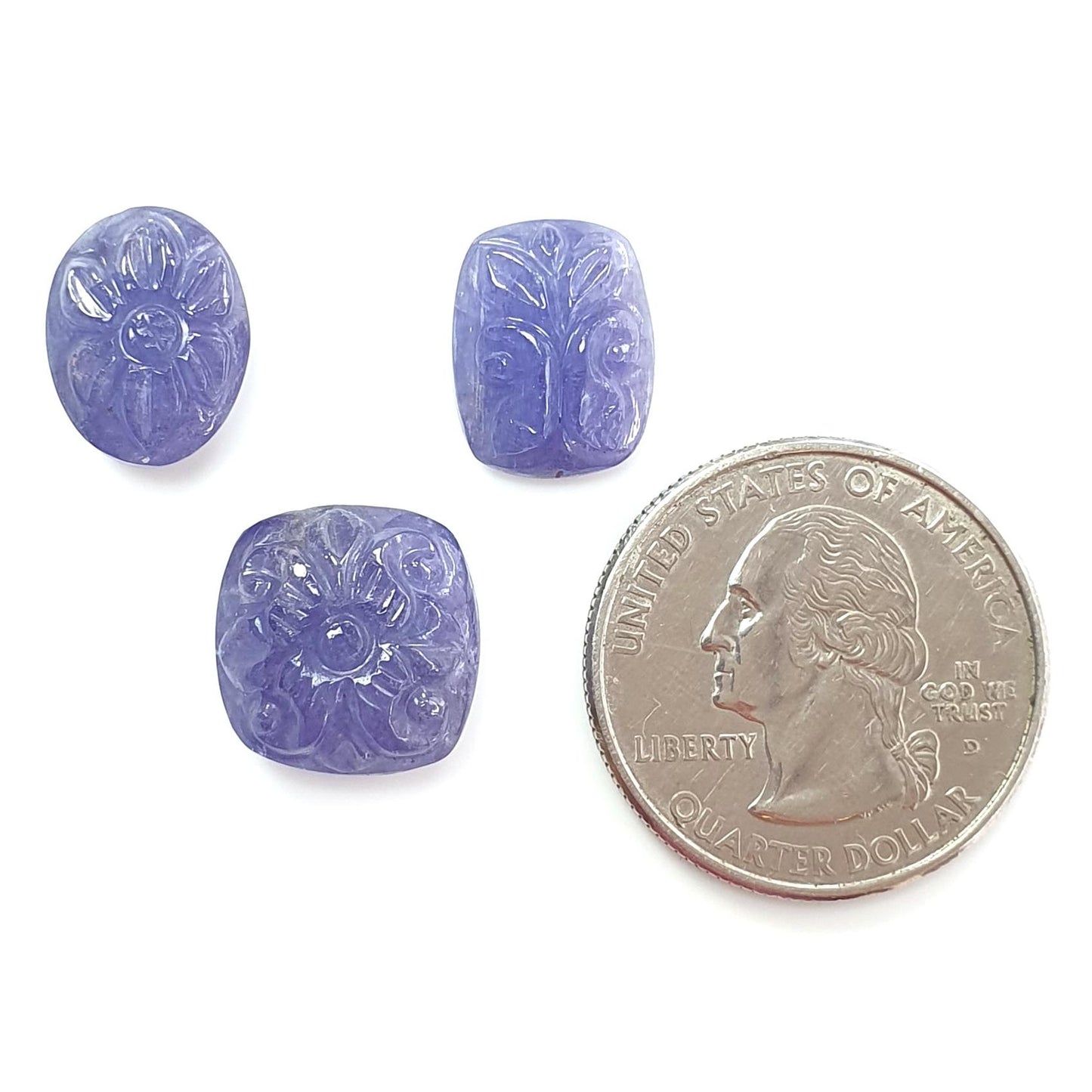 Tanzanite Gemstone Carving: Natural Blue Tanzanite Hand Carved Oval And Cushion Shape 3pcs Set For Jewelry