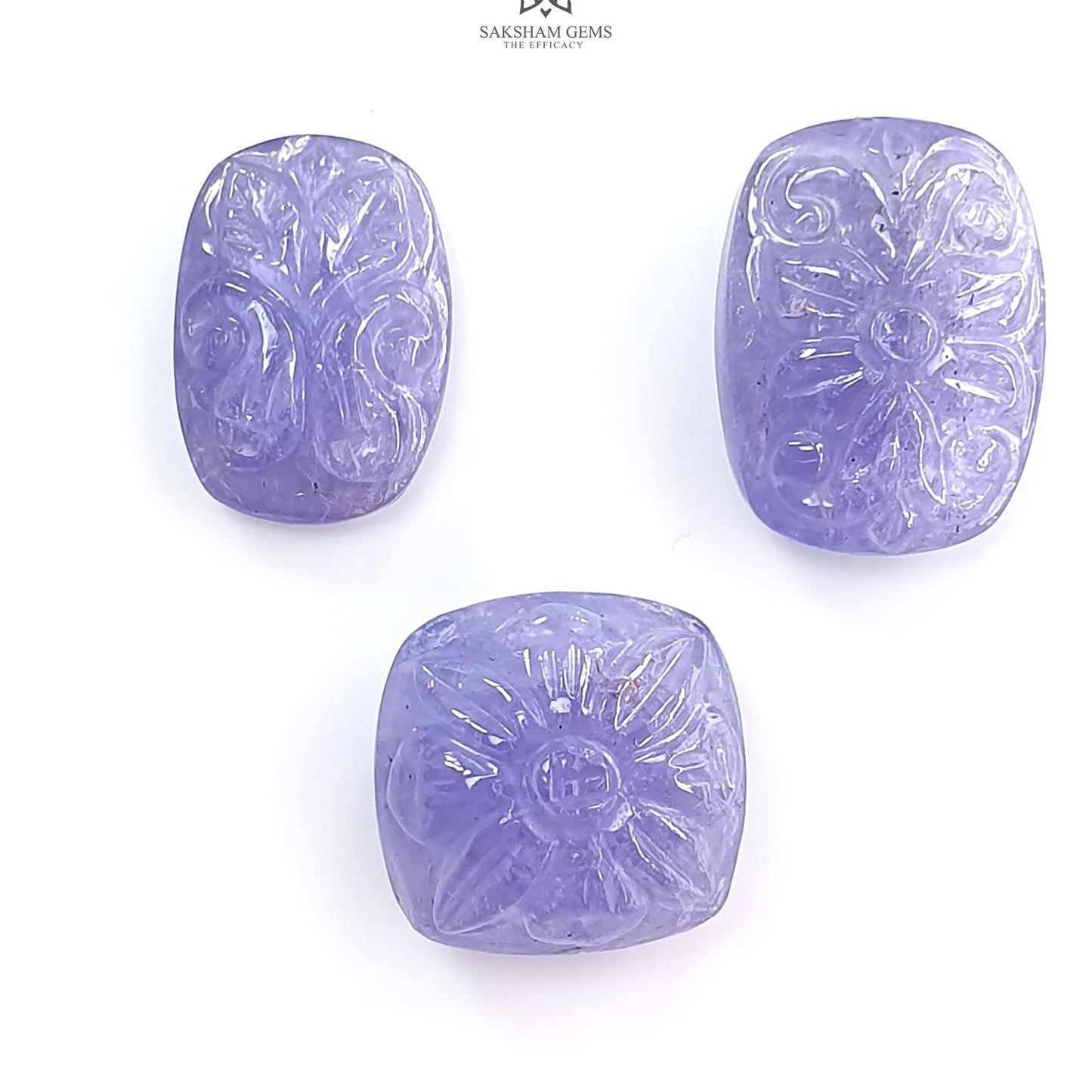 Tanzanite Gemstone Carving: Natural Blue Tanzanite Hand Carved Oval And Cushion Shape 3pcs Set For Jewelry