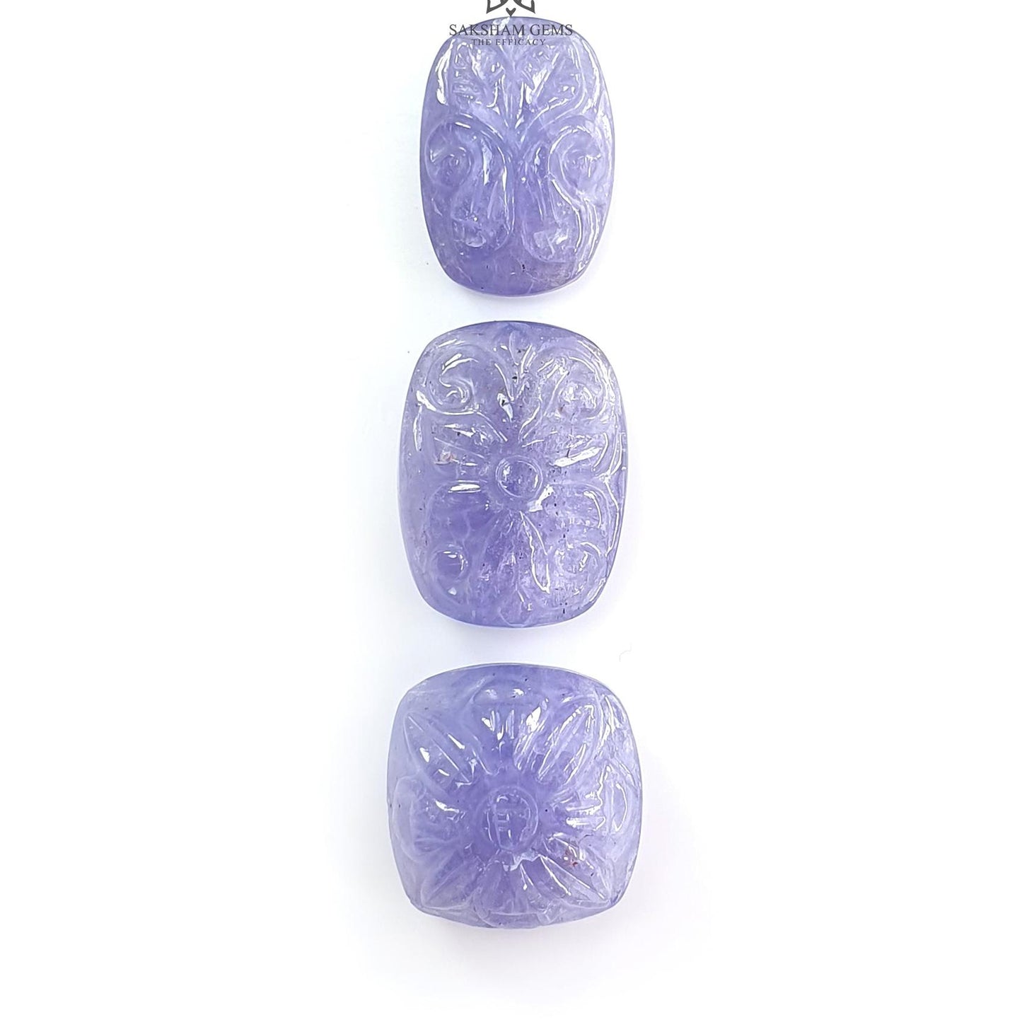 Tanzanite Gemstone Carving: Natural Blue Tanzanite Hand Carved Oval And Cushion Shape 3pcs Set For Jewelry