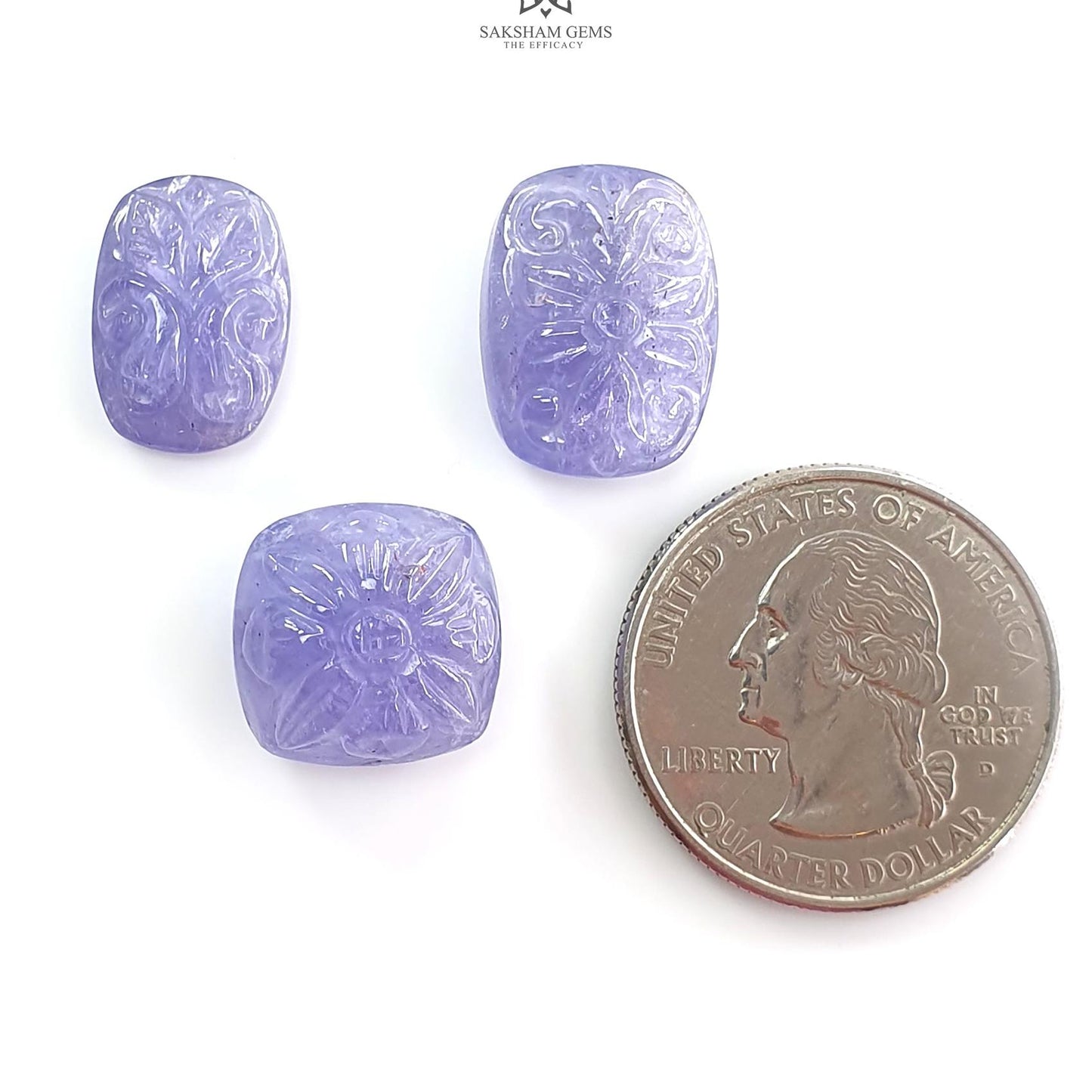 Tanzanite Gemstone Carving: Natural Blue Tanzanite Hand Carved Oval And Cushion Shape 3pcs Set For Jewelry