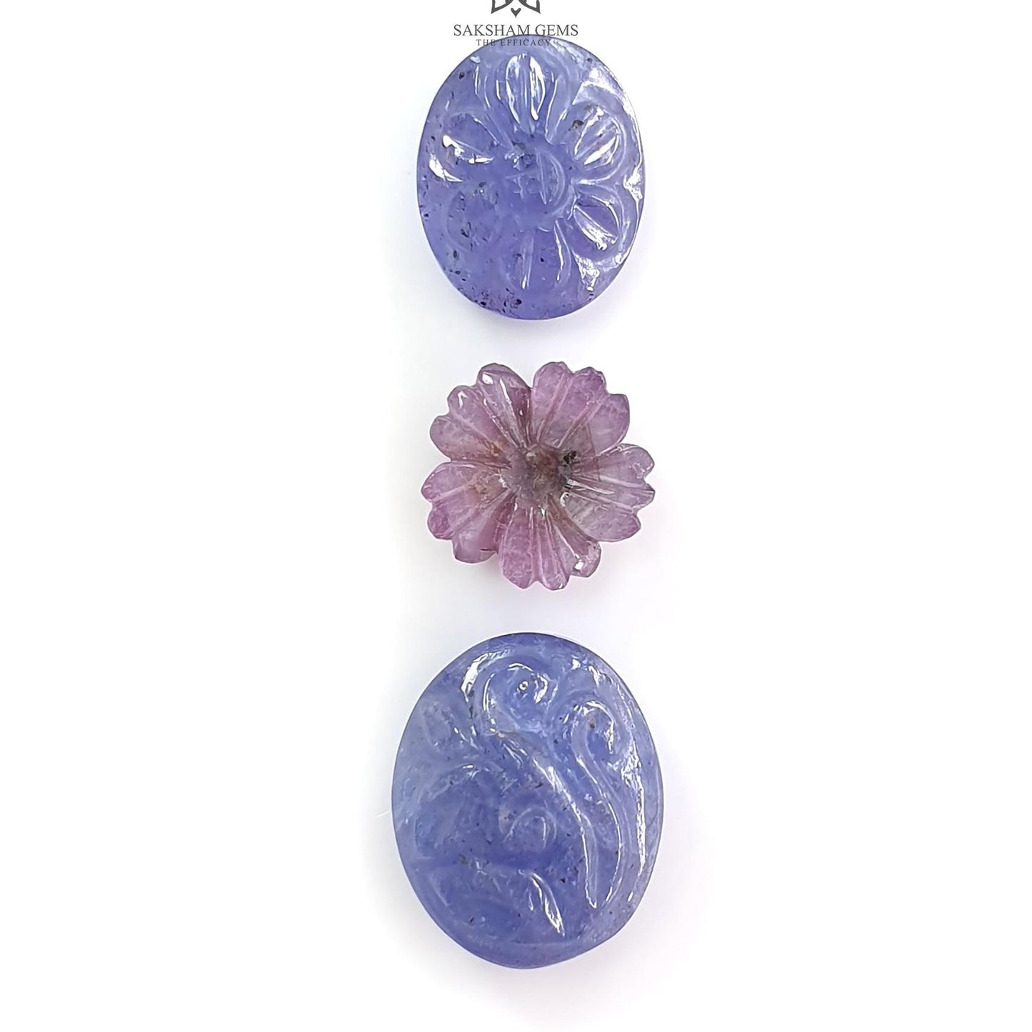 Blue Tanzanite, Pink Sapphire Carving: Natural Tanzanite, Sapphire Gemstone Flower Oval, Pear Shapes 3psc Set For Jewelry