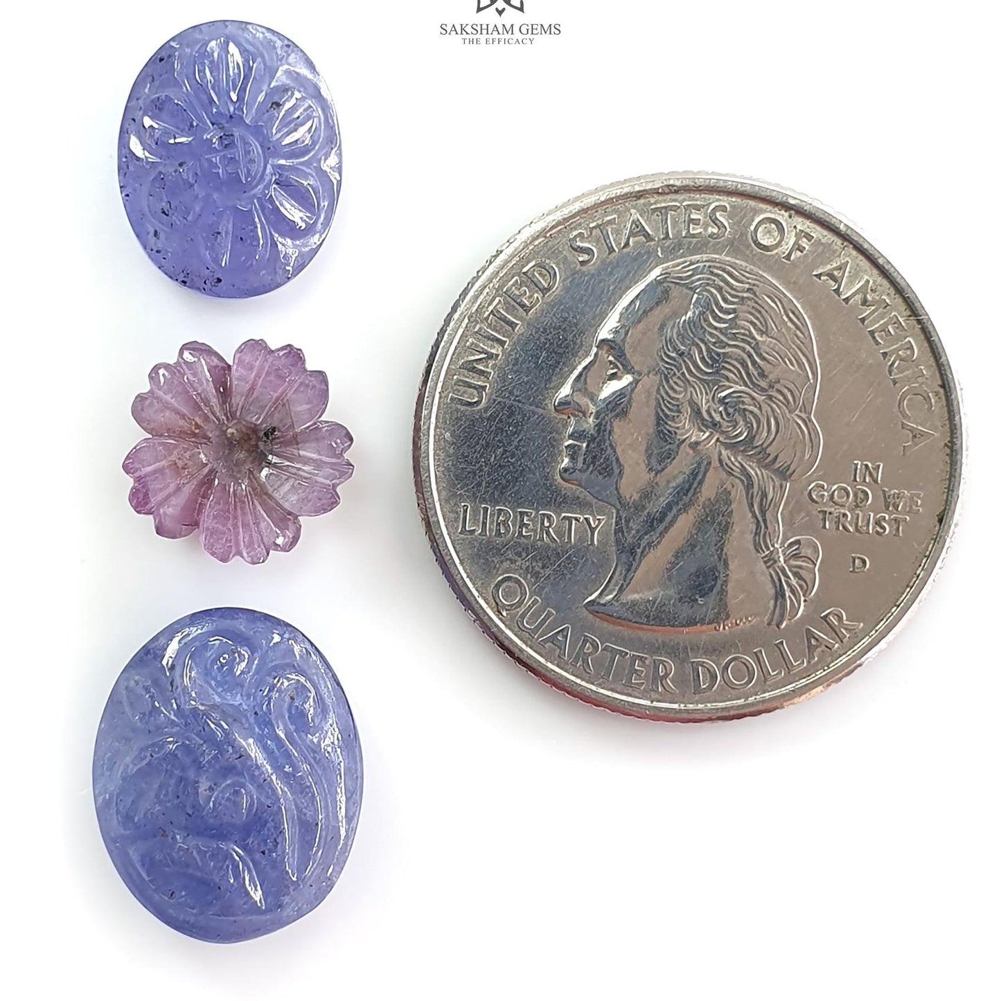 Blue Tanzanite, Pink Sapphire Carving: Natural Tanzanite, Sapphire Gemstone Flower Oval, Pear Shapes 3psc Set For Jewelry