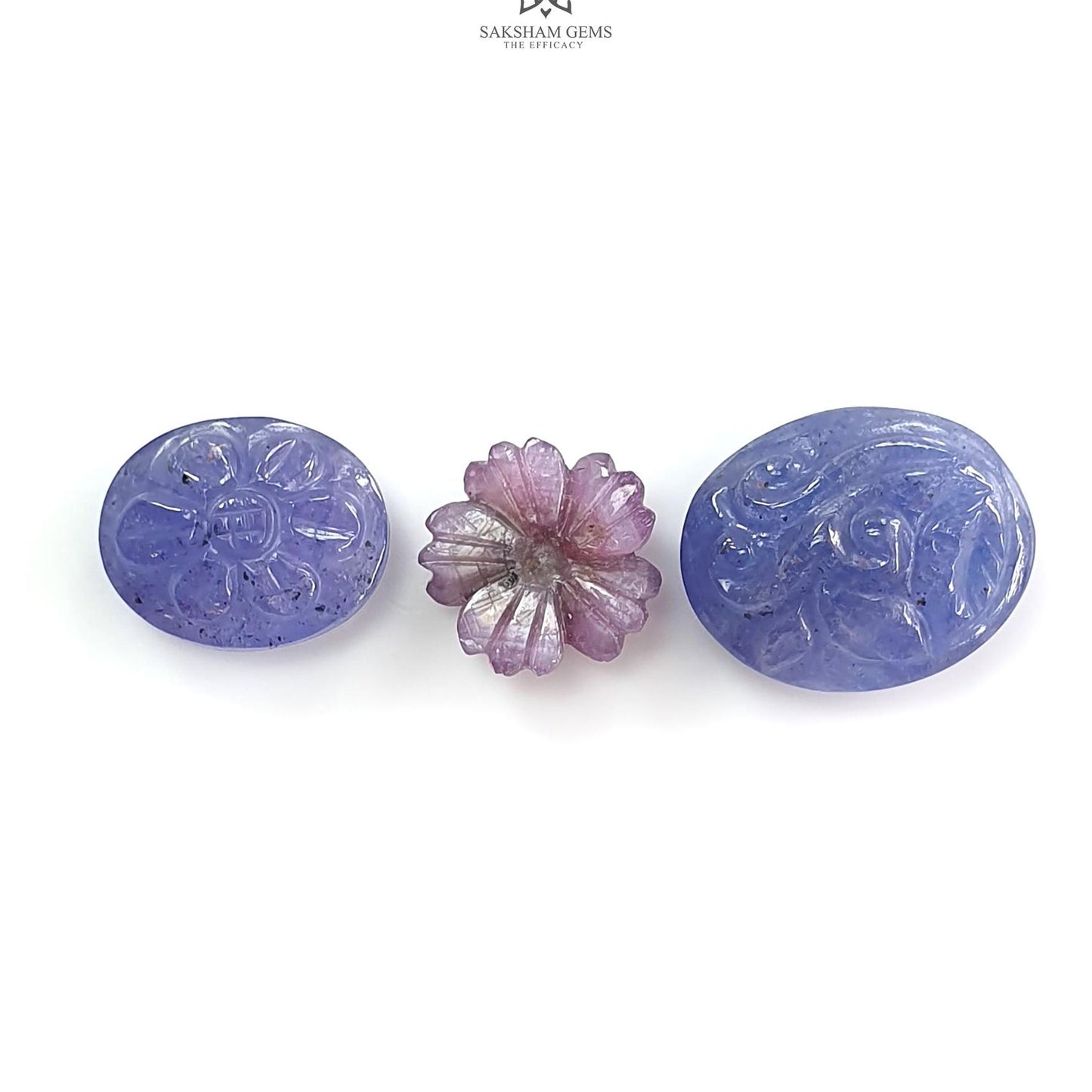 Blue Tanzanite, Pink Sapphire Carving: Natural Tanzanite, Sapphire Gemstone Flower Oval, Pear Shapes 3psc Set For Jewelry