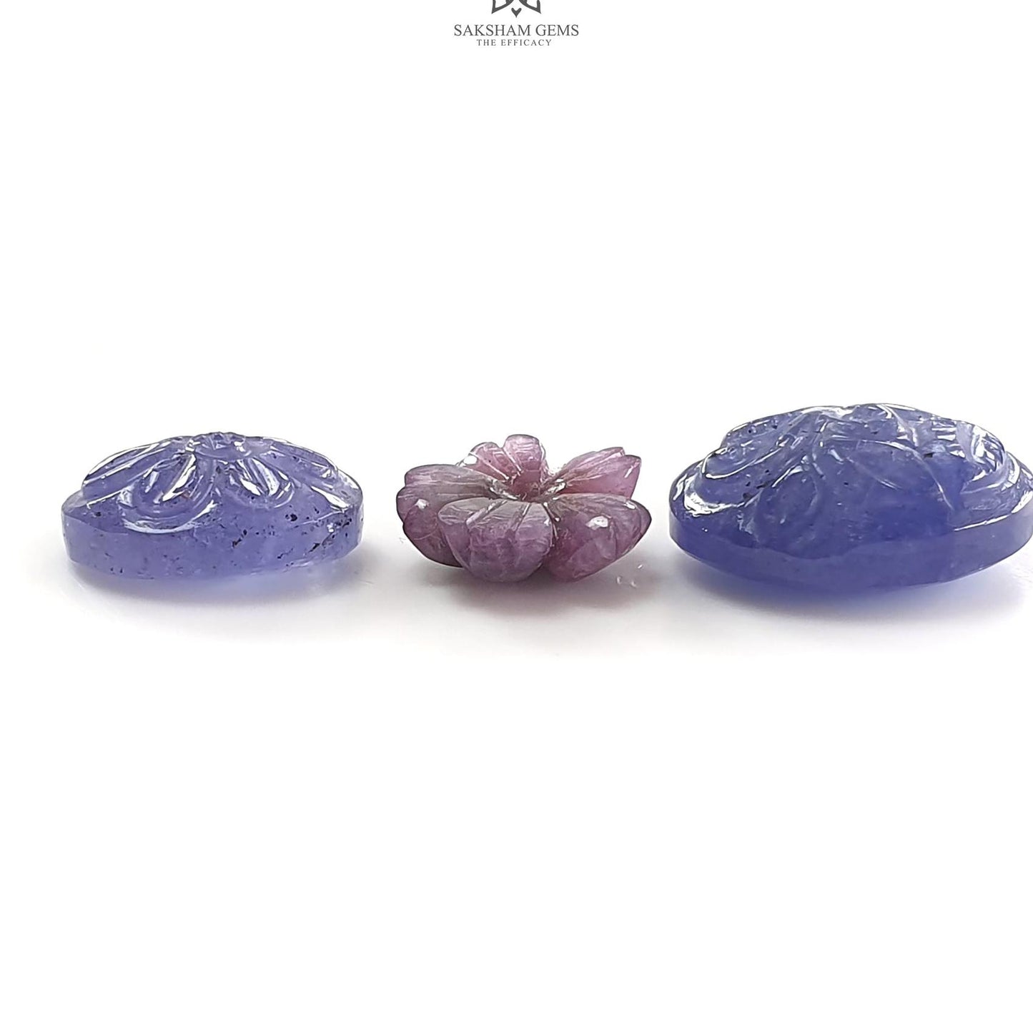 Blue Tanzanite, Pink Sapphire Carving: Natural Tanzanite, Sapphire Gemstone Flower Oval, Pear Shapes 3psc Set For Jewelry