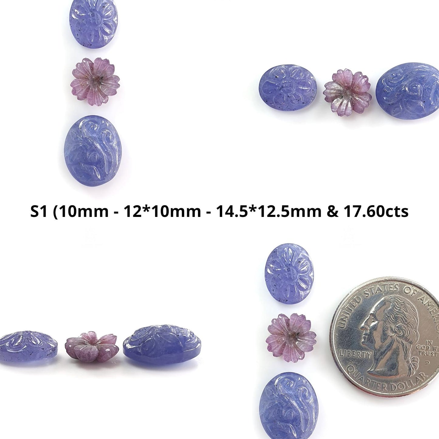 Blue Tanzanite, Pink Sapphire Carving: Natural Tanzanite, Sapphire Gemstone Flower Oval, Pear Shapes 3psc Set For Jewelry
