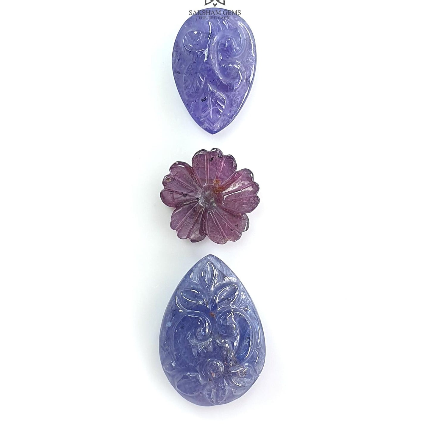 Blue Tanzanite, Pink Sapphire Carving: Natural Tanzanite, Sapphire Gemstone Flower Oval, Pear Shapes 3psc Set For Jewelry