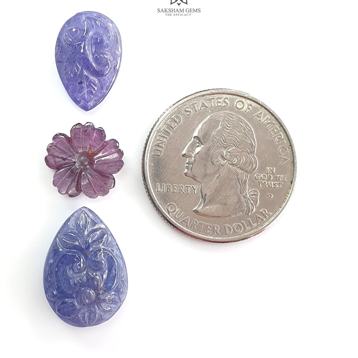 Blue Tanzanite, Pink Sapphire Carving: Natural Tanzanite, Sapphire Gemstone Flower Oval, Pear Shapes 3psc Set For Jewelry
