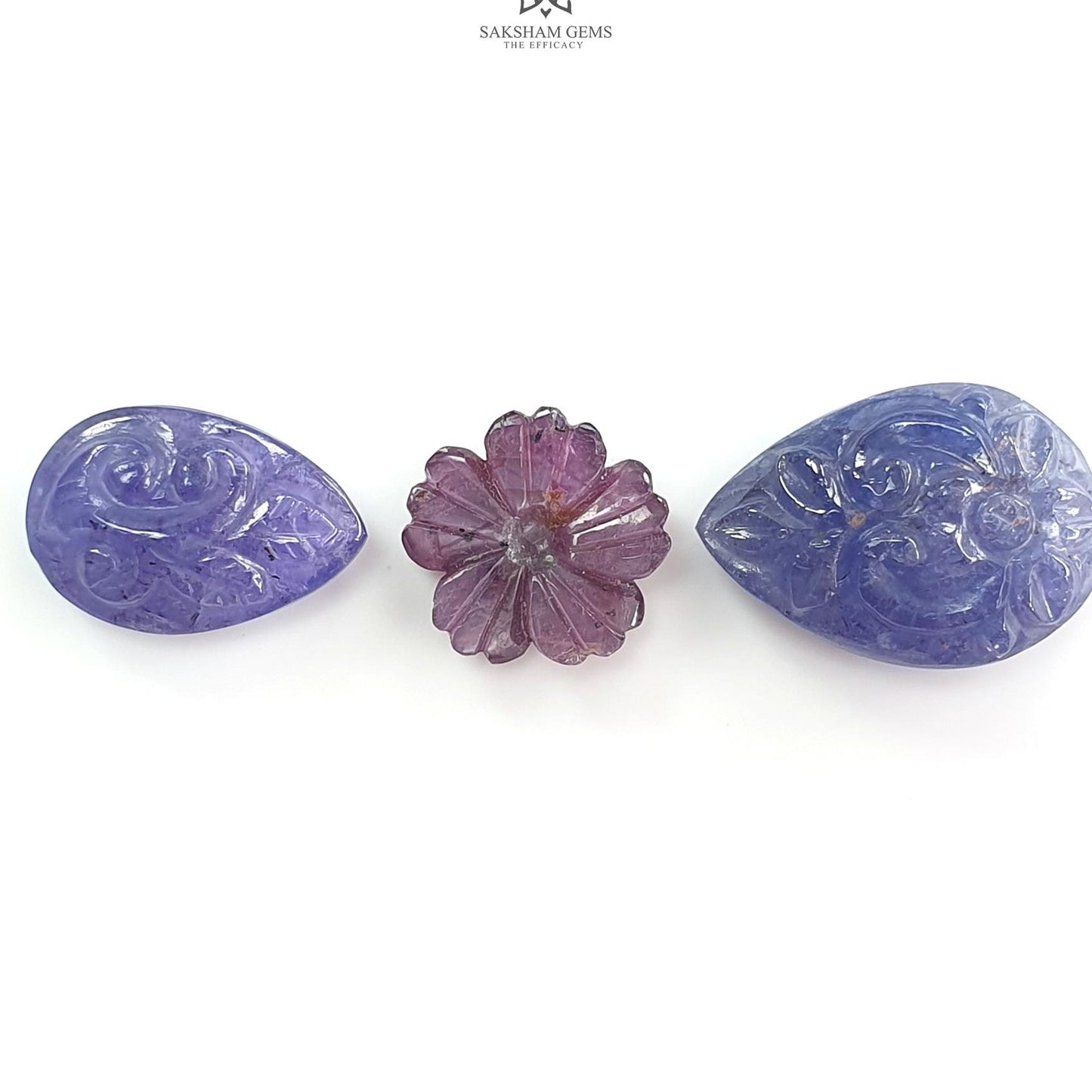 Blue Tanzanite, Pink Sapphire Carving: Natural Tanzanite, Sapphire Gemstone Flower Oval, Pear Shapes 3psc Set For Jewelry