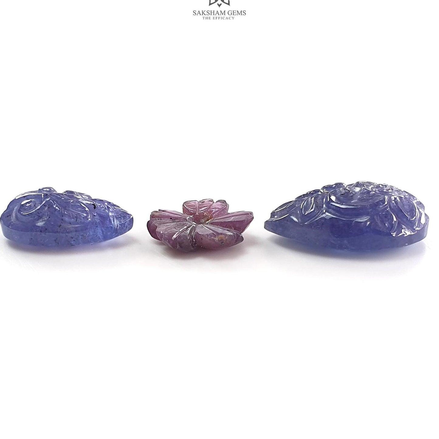 Blue Tanzanite, Pink Sapphire Carving: Natural Tanzanite, Sapphire Gemstone Flower Oval, Pear Shapes 3psc Set For Jewelry