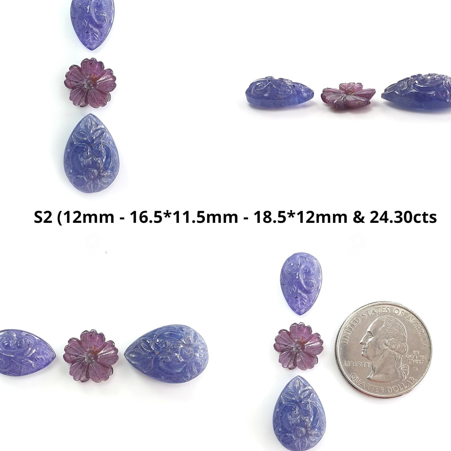 Blue Tanzanite, Pink Sapphire Carving: Natural Tanzanite, Sapphire Gemstone Flower Oval, Pear Shapes 3psc Set For Jewelry