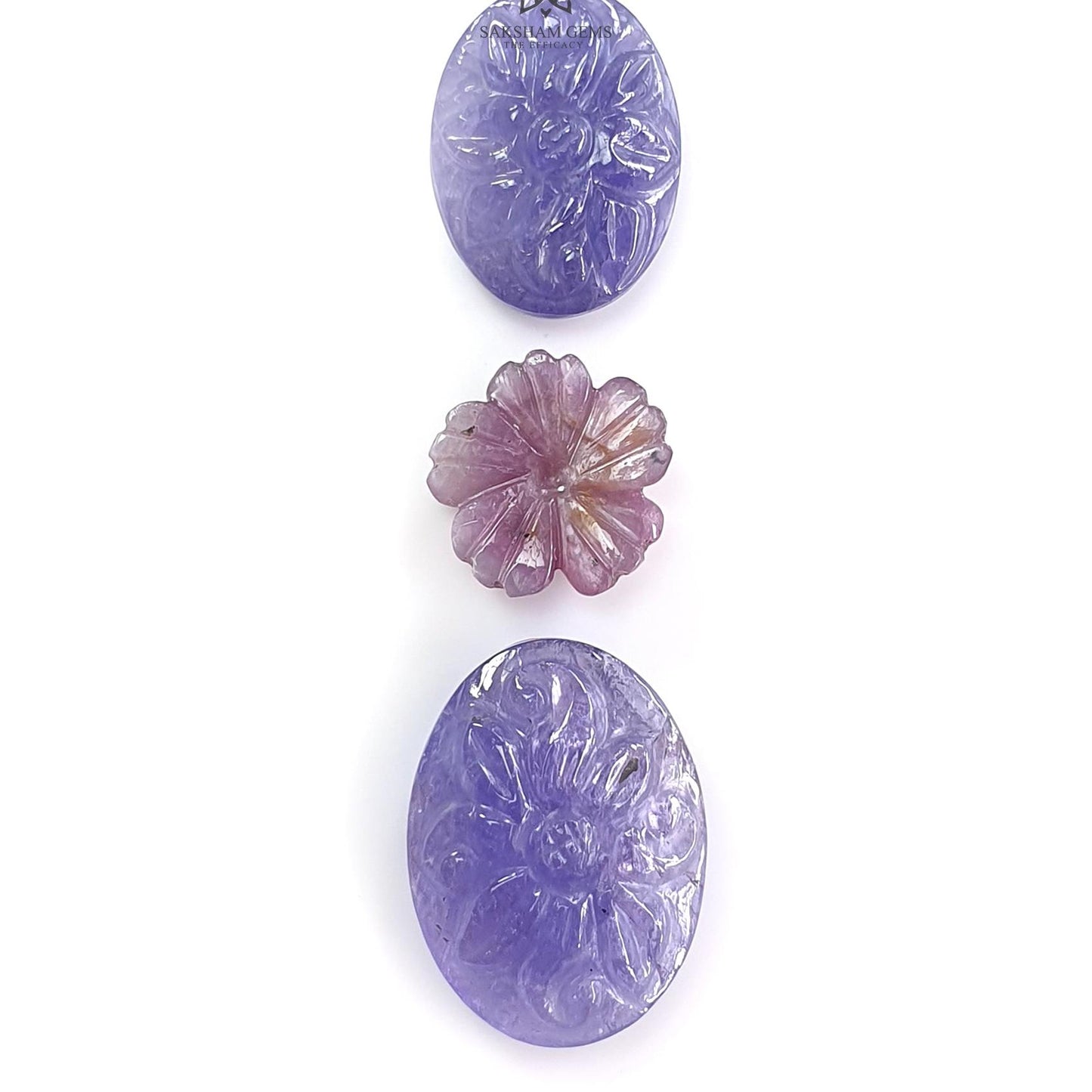 Blue Tanzanite, Pink Sapphire Carving: Natural Tanzanite, Sapphire Gemstone Flower Oval, Pear Shapes 3psc Set For Jewelry