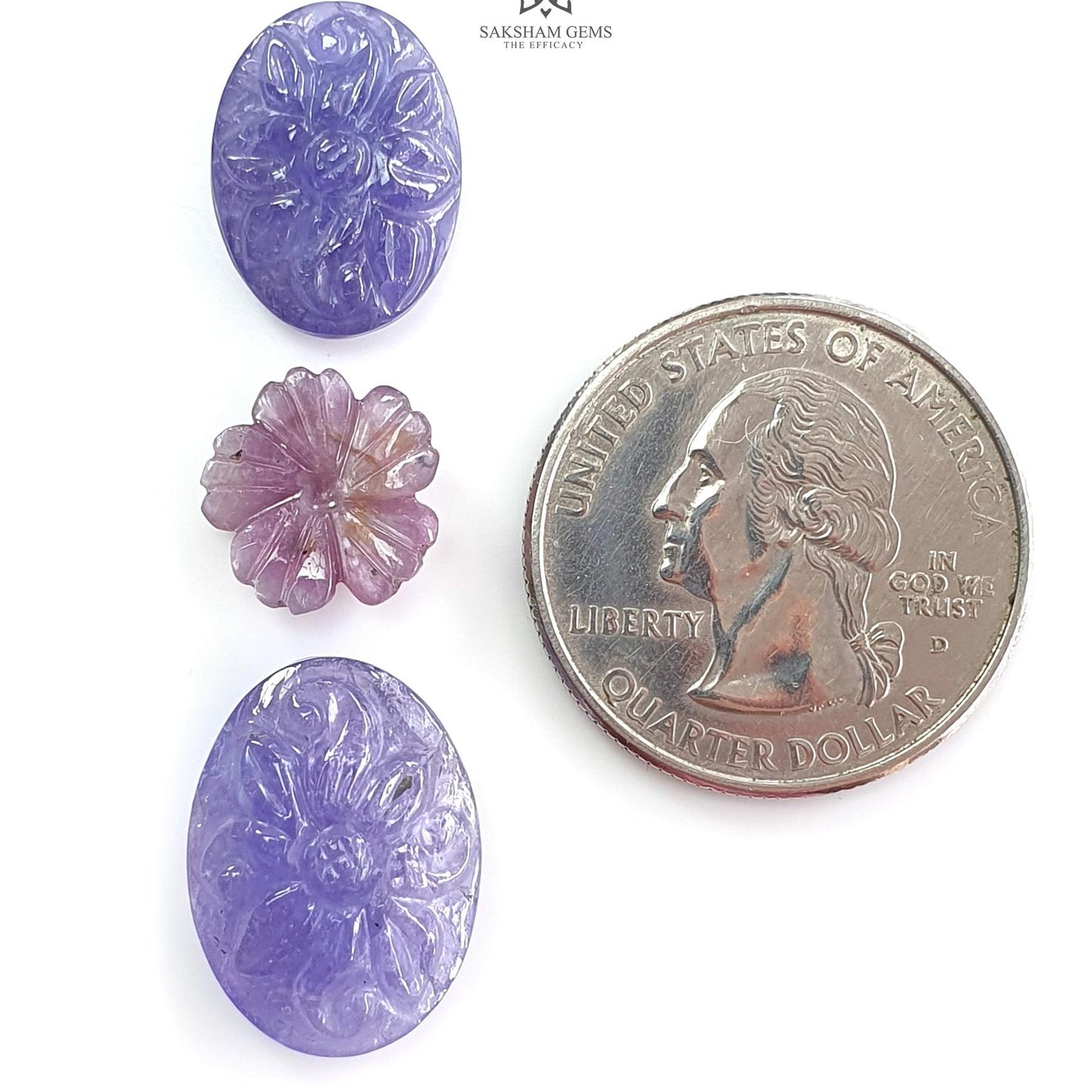 Blue Tanzanite, Pink Sapphire Carving: Natural Tanzanite, Sapphire Gemstone Flower Oval, Pear Shapes 3psc Set For Jewelry