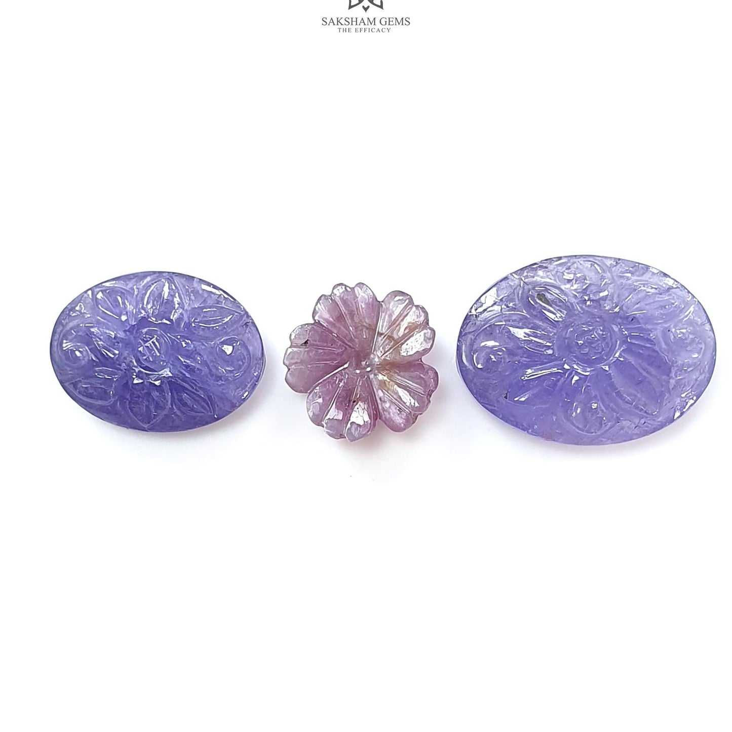 Blue Tanzanite, Pink Sapphire Carving: Natural Tanzanite, Sapphire Gemstone Flower Oval, Pear Shapes 3psc Set For Jewelry
