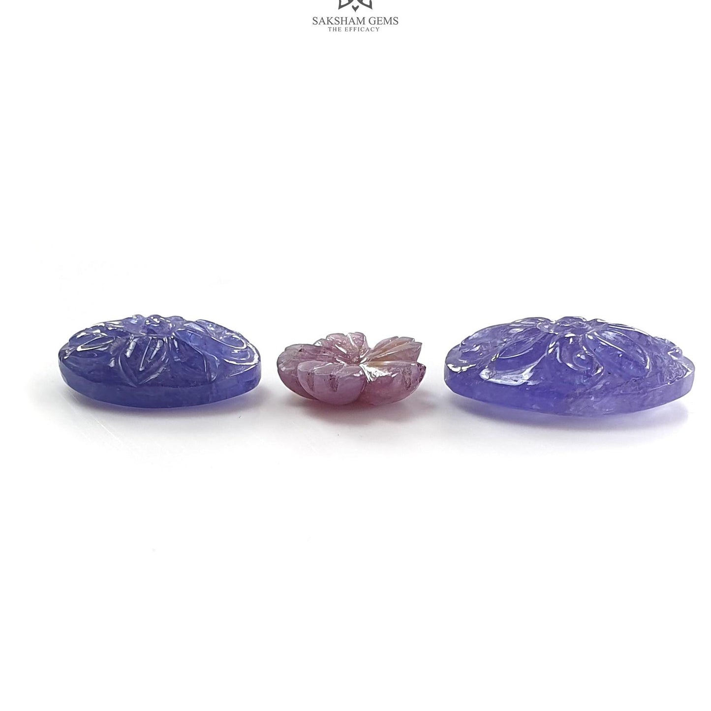 Blue Tanzanite, Pink Sapphire Carving: Natural Tanzanite, Sapphire Gemstone Flower Oval, Pear Shapes 3psc Set For Jewelry