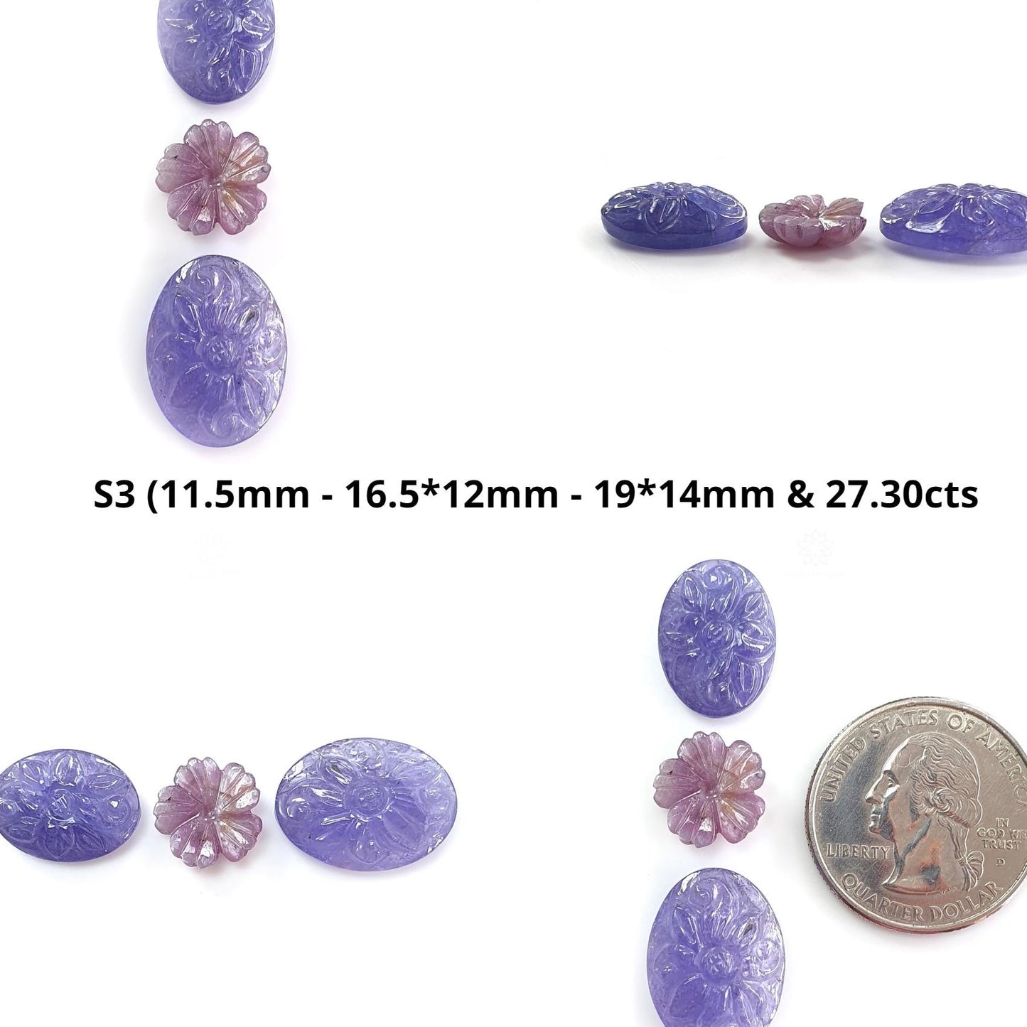 Blue Tanzanite, Pink Sapphire Carving: Natural Tanzanite, Sapphire Gemstone Flower Oval, Pear Shapes 3psc Set For Jewelry