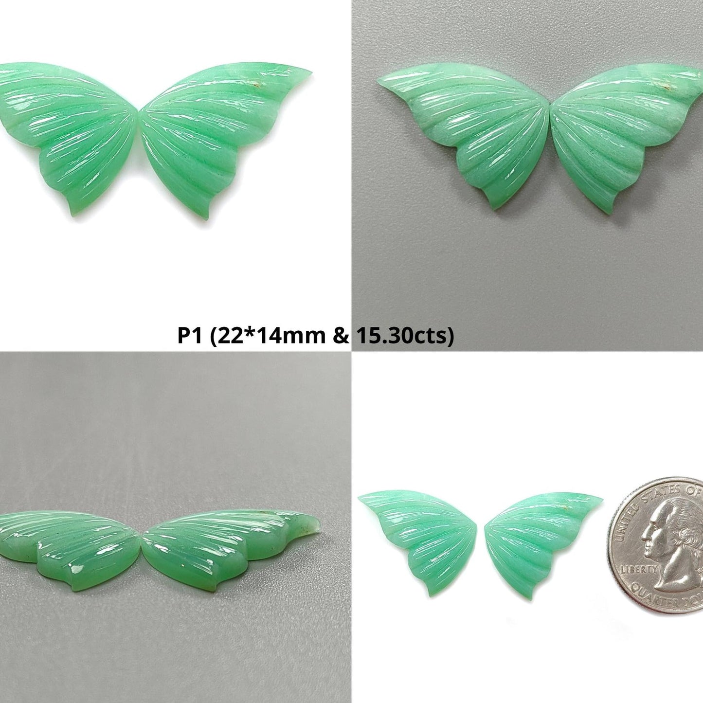 Green Chrysoprase Gemstone Carving: Natural Unheated Untreated Chrysoprase Hand Carved Butterfly Pair for Jewelry May Birthstone