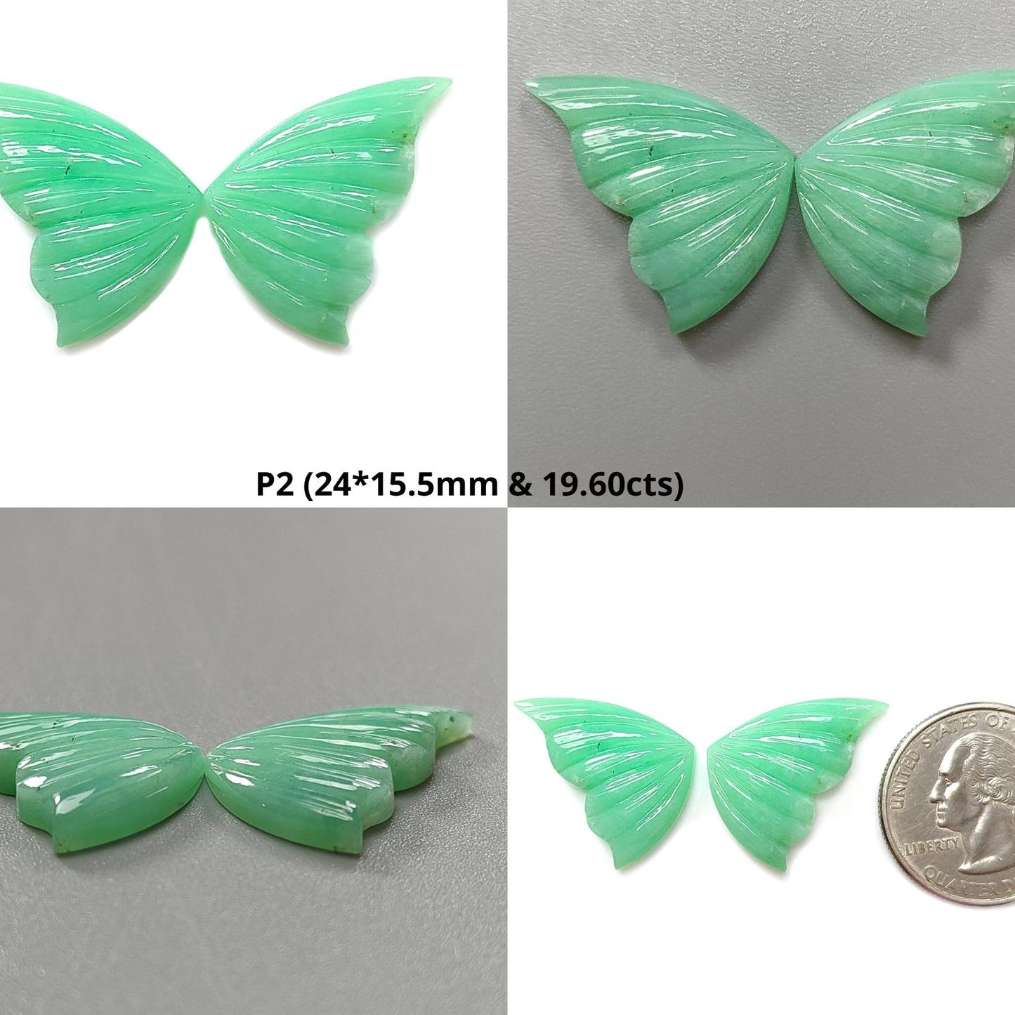 Green Chrysoprase Gemstone Carving: Natural Unheated Untreated Chrysoprase Hand Carved Butterfly Pair for Jewelry May Birthstone