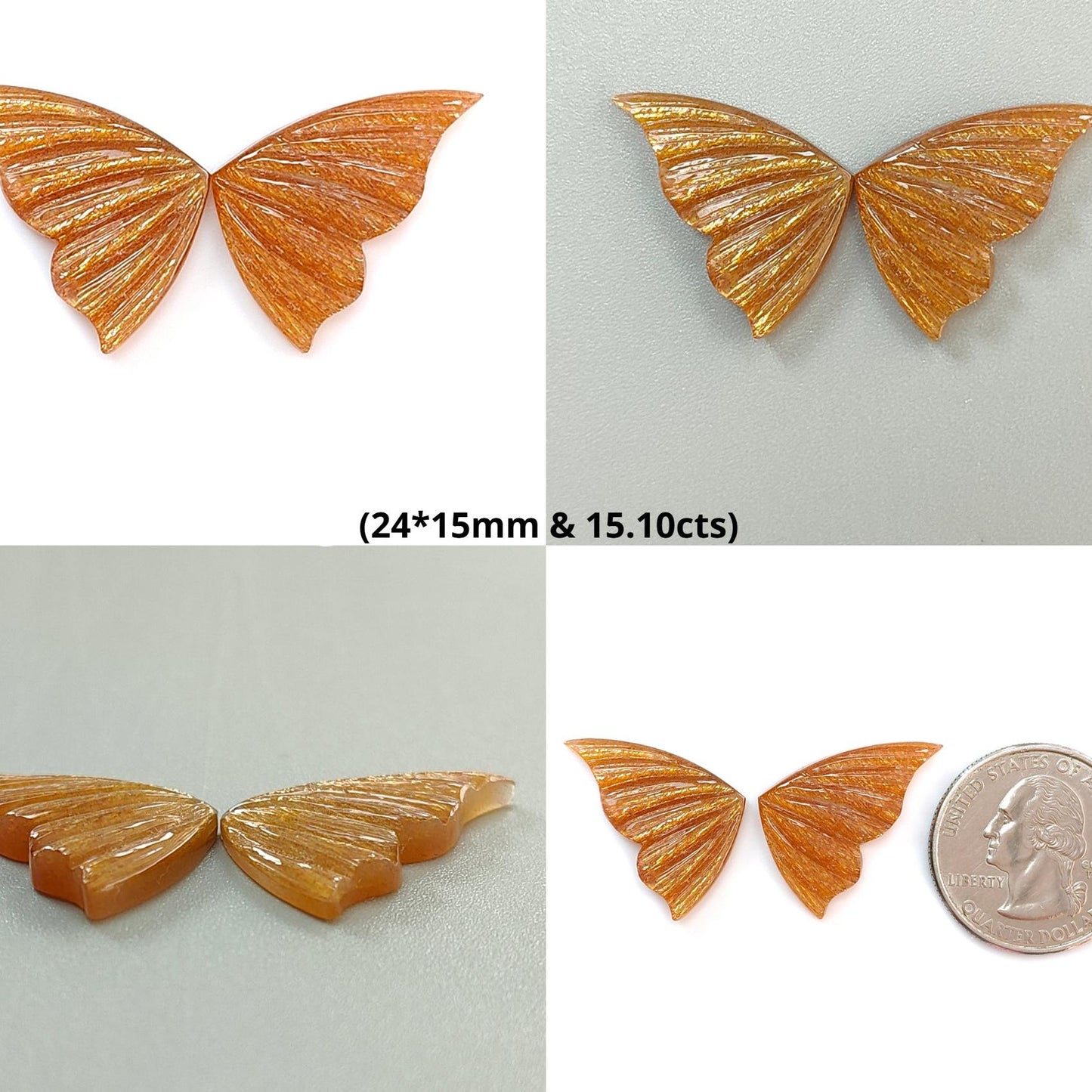 Peach Moonstone, Bi-Color Agate & Pink Opal Gemstone Carving: Natural Untreated Multi Color Gemstone Hand Carved Butterfly Pair for Jewelry