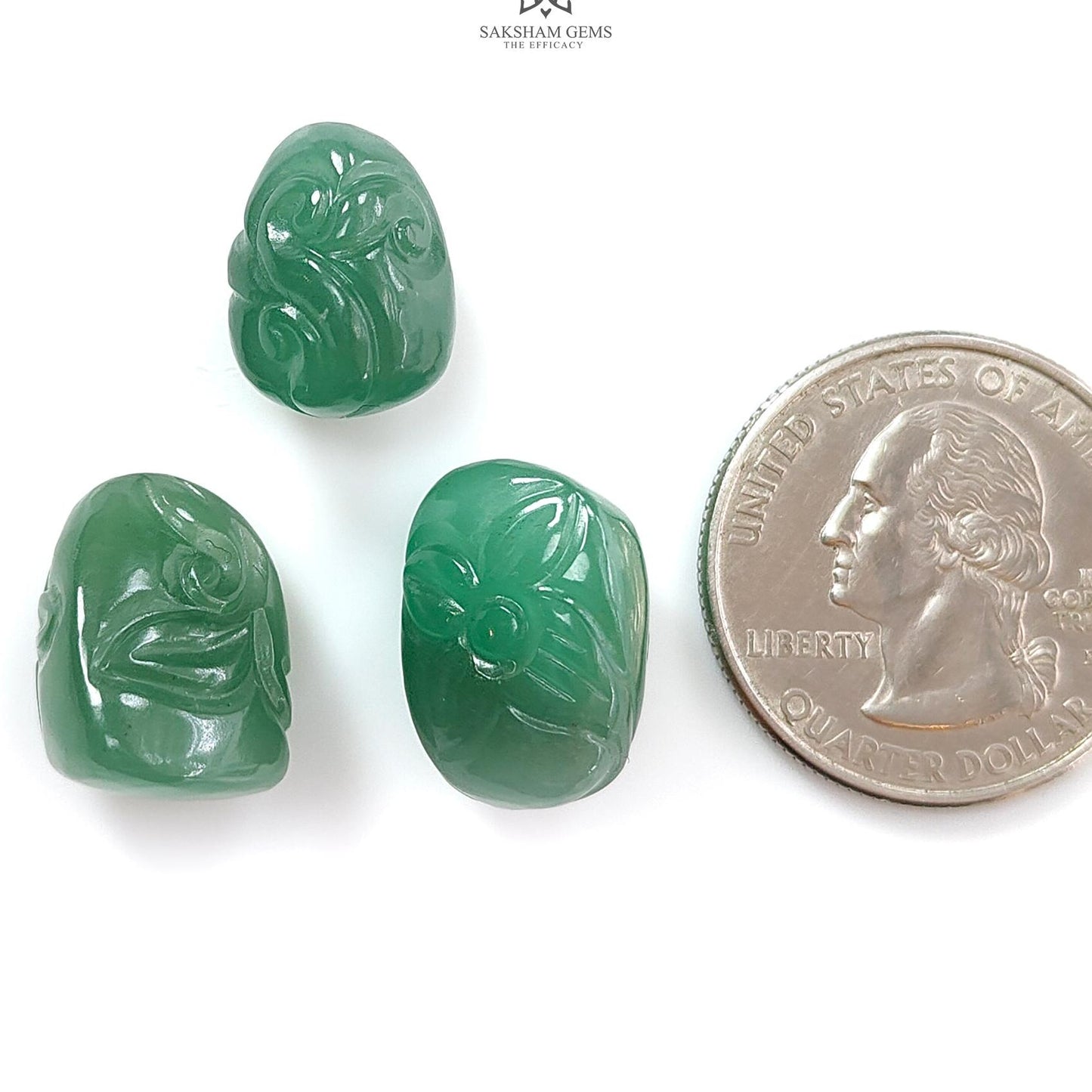 Green Quartz Gemstone Carving: 43.40cts Natural Untreated Green Quartz Both Side Hand Carved Fancy Shape 14mm - 17mm 3pcs For Jewelry